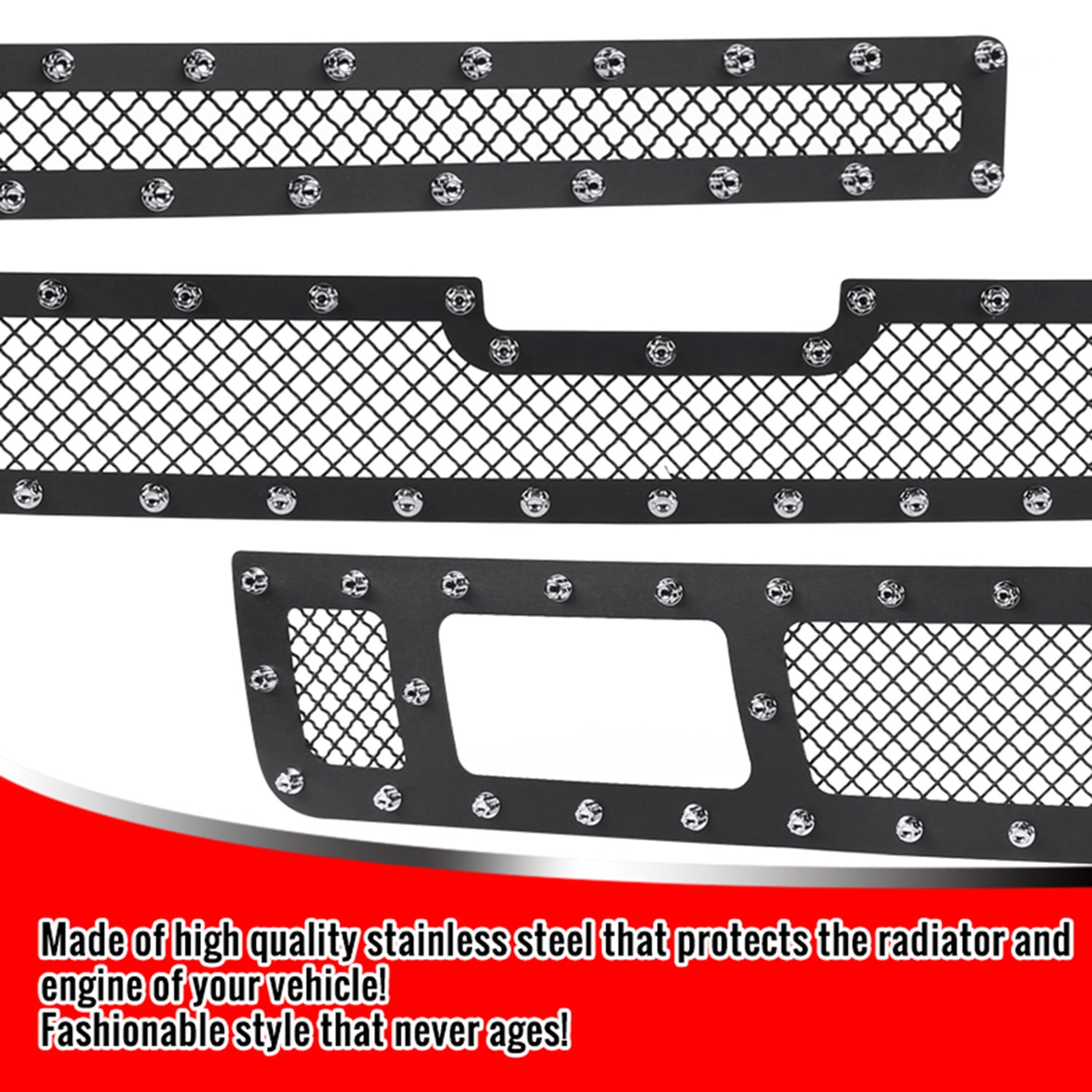 2007-2013 Chevy Silverado 1500/1500HD Rivet Black Steel 3PC Mesh Grille insert