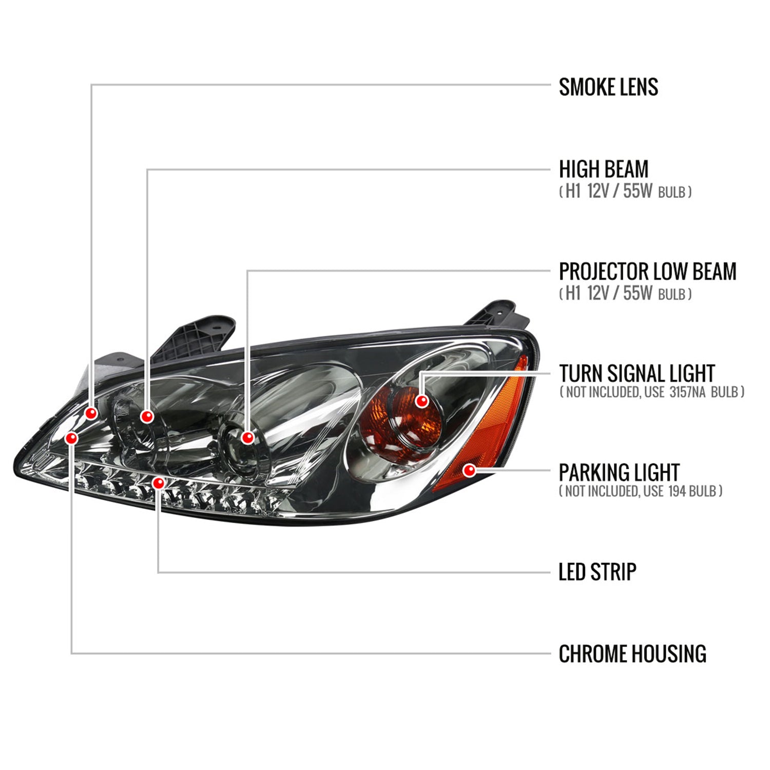 2005-2010 Pontiac G6 Projector Headlights w/ LED Light Strip Chrome/Smoke Lens