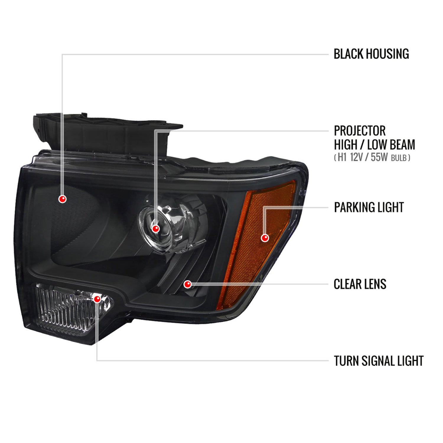 2009-2014 Ford F-150 Projector Headlights w/ Amber Reflectors Matt Black/Clear