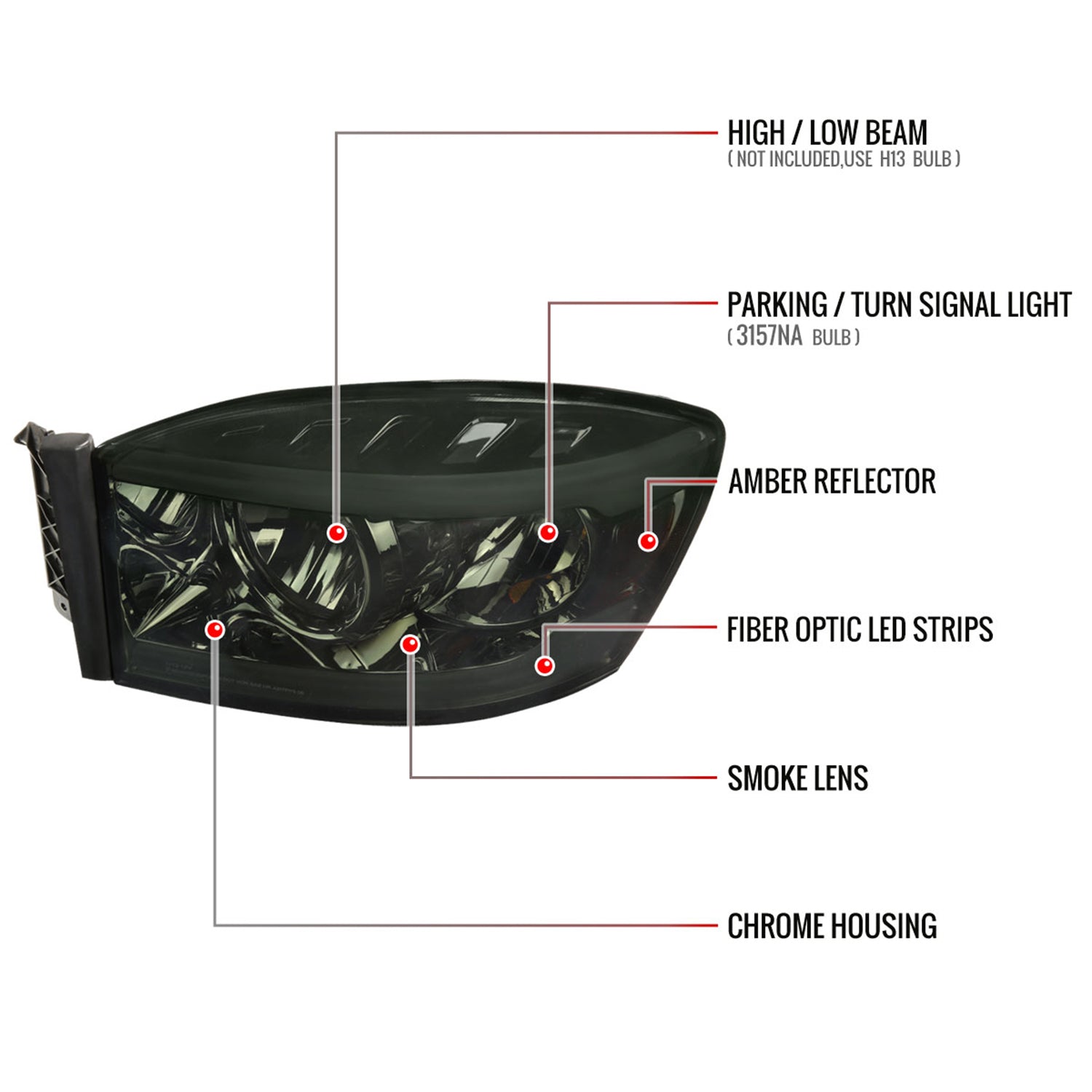 2006-2008 Dodge RAM 1500/ RAM 2500 3500 LED Factory Crystal Headlights Chrome