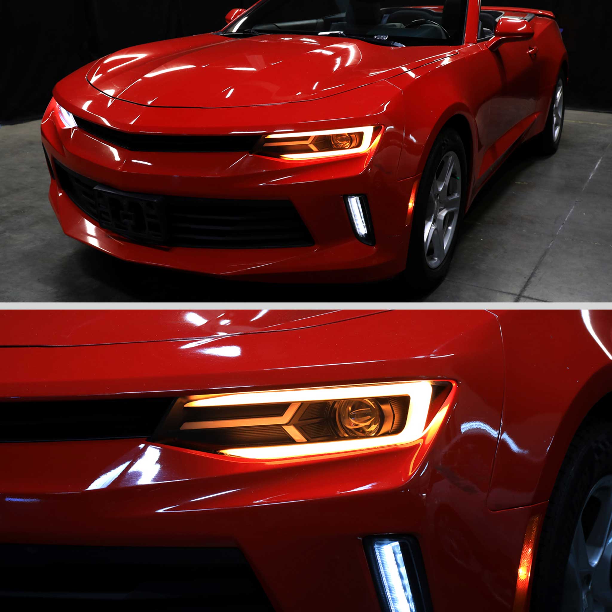 For Chevrolet Camaro 2016-2018 LED Strip Projector Headlights Turn Signal Lights Matte Black Housing Clear Lens