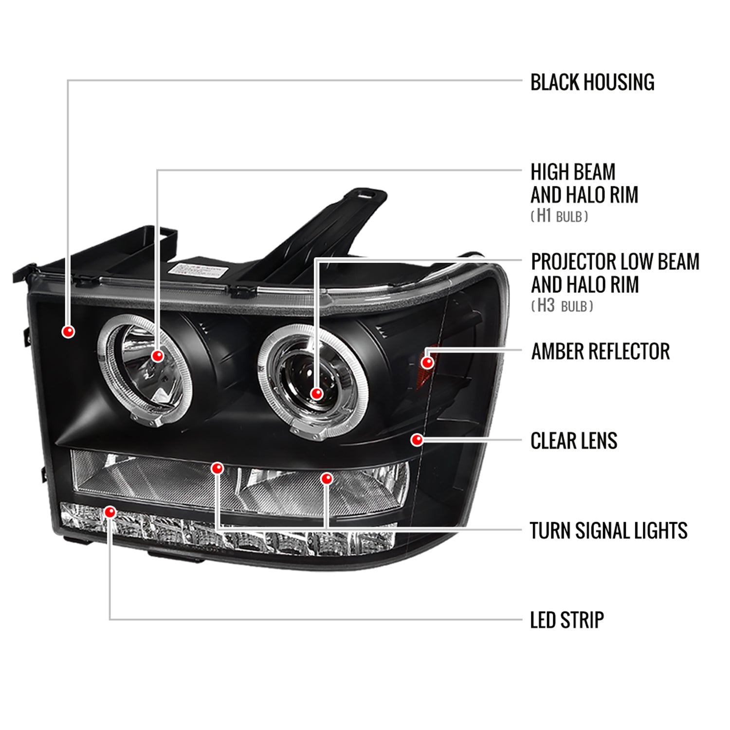 2007-2014 GMC Sierra SMD Dual Halo Projector Headlights Matte Black/Clear Lens