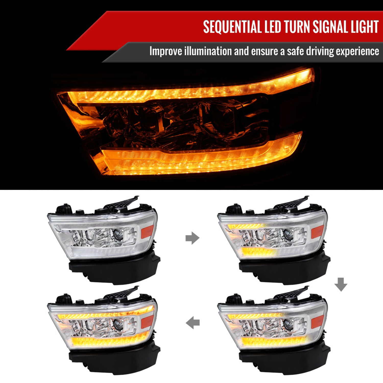 2019-2024 Dodge RAM 1500 LED Turn Signal Projector Headlights Chrome