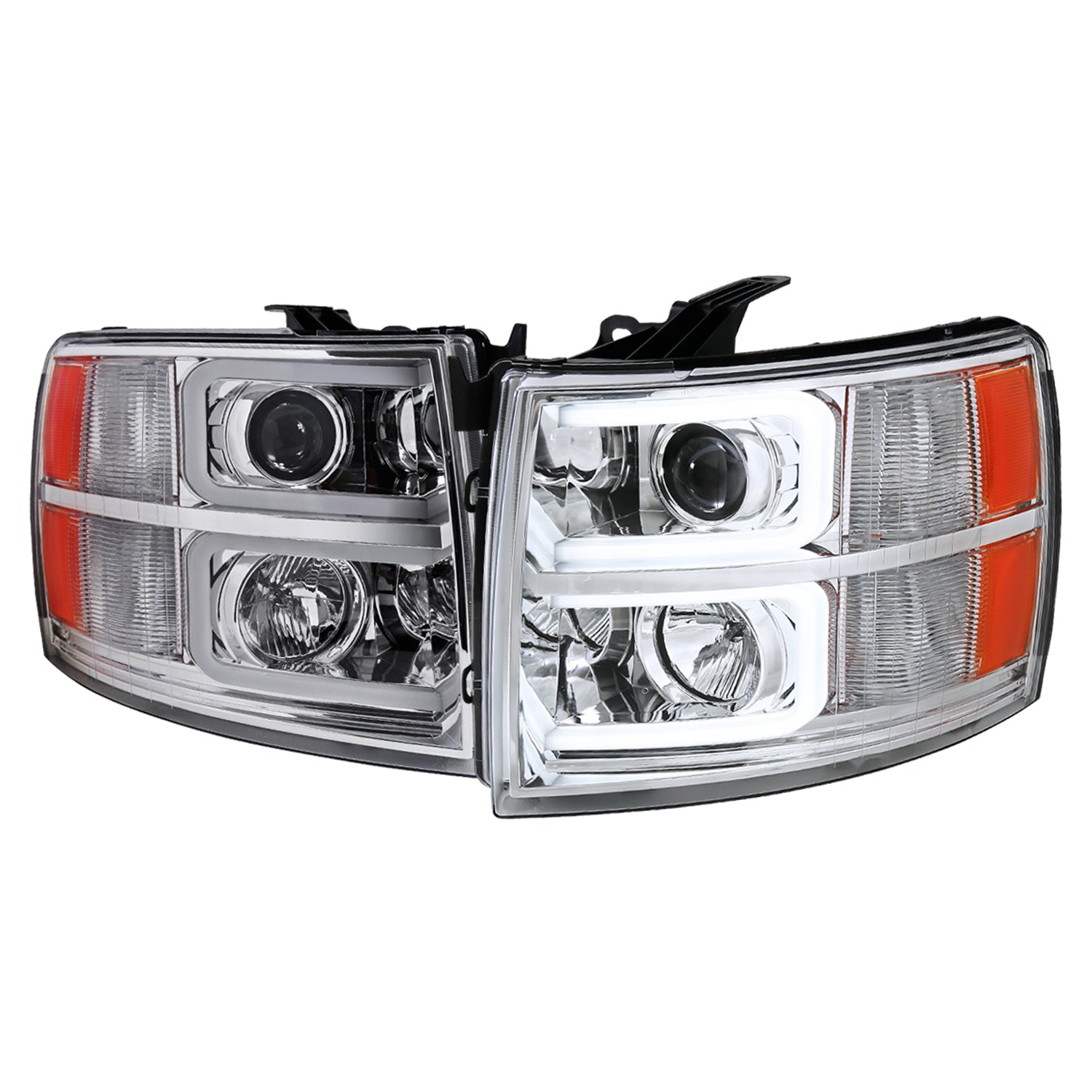 2007-2013 Chevy Silverado 1500 2500HD 3500HD Dual LED C-Bar Headlights Chrome