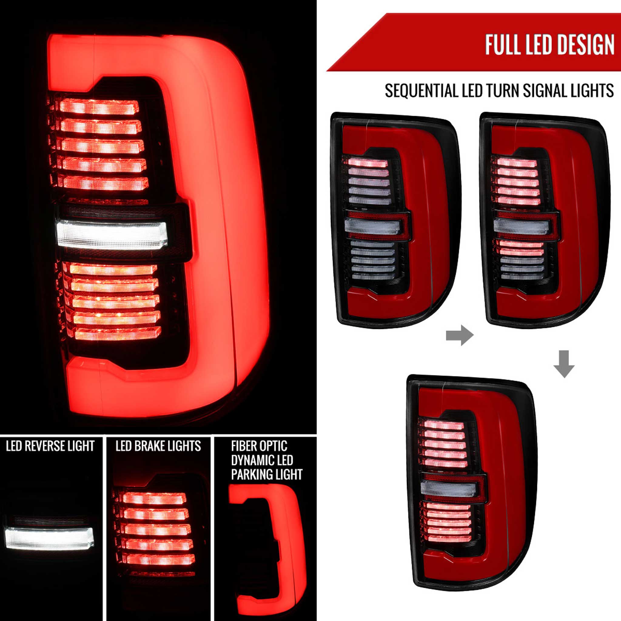 For Dodge RAM 2500/3500 2019-2024 LED Sequential Signal Tail Lights Jet Black Housing Clear Lens