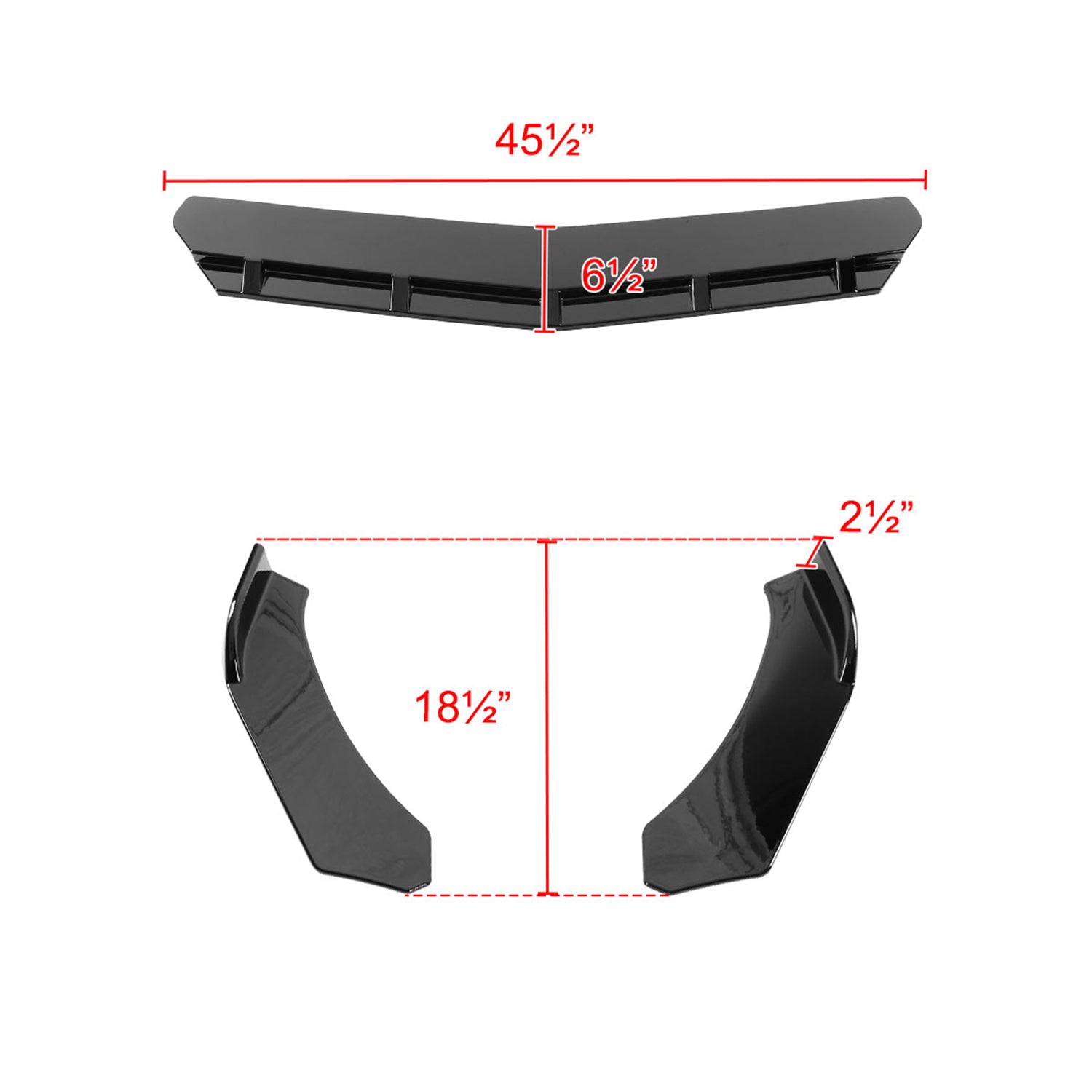 Universal Glossy Black Polypropylene 3Pcs Front Bumper Lip Splitter Spoiler Set