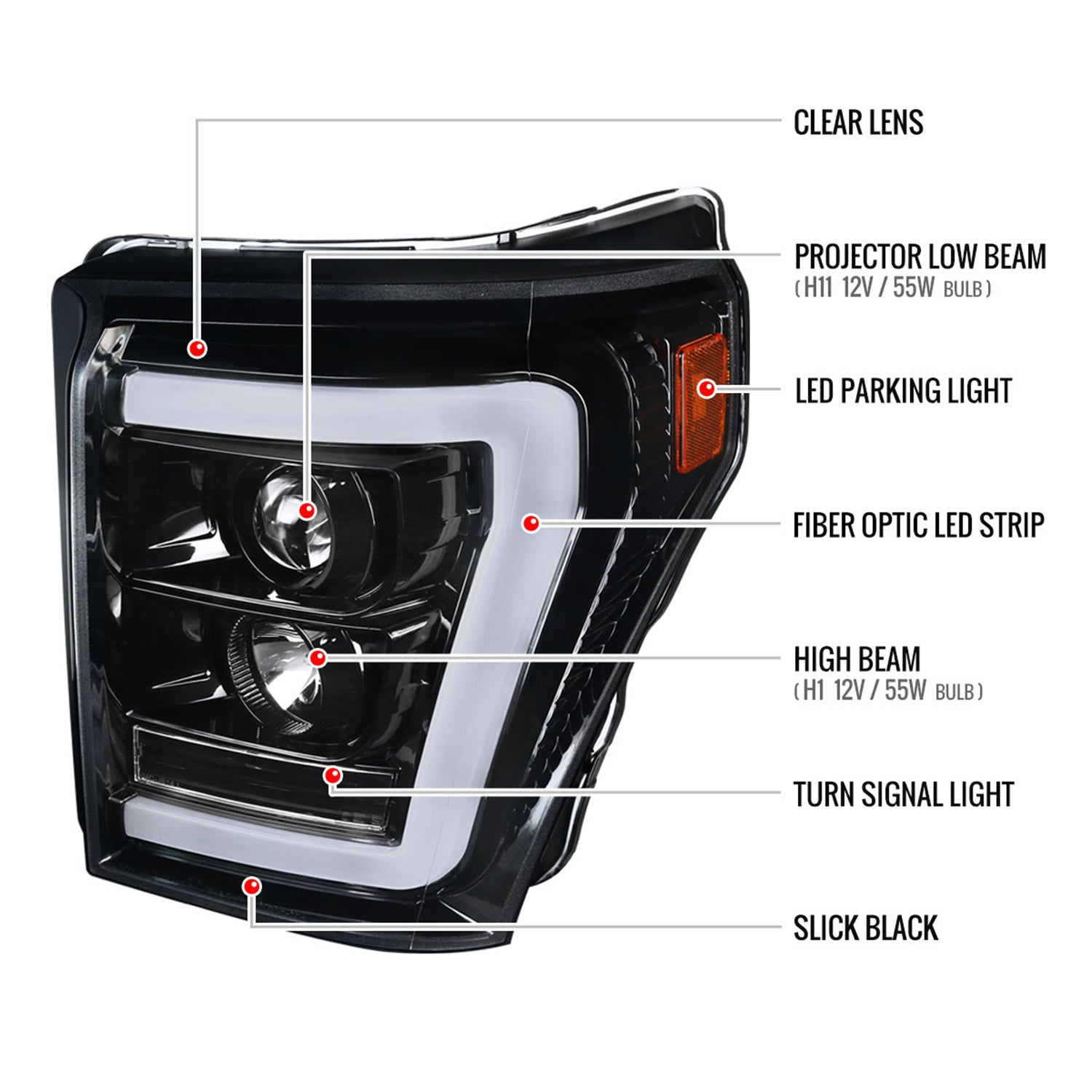 2011-2016 F-250/350/450/550 LED C-Bar Projector Headlights Jet Black/Clear