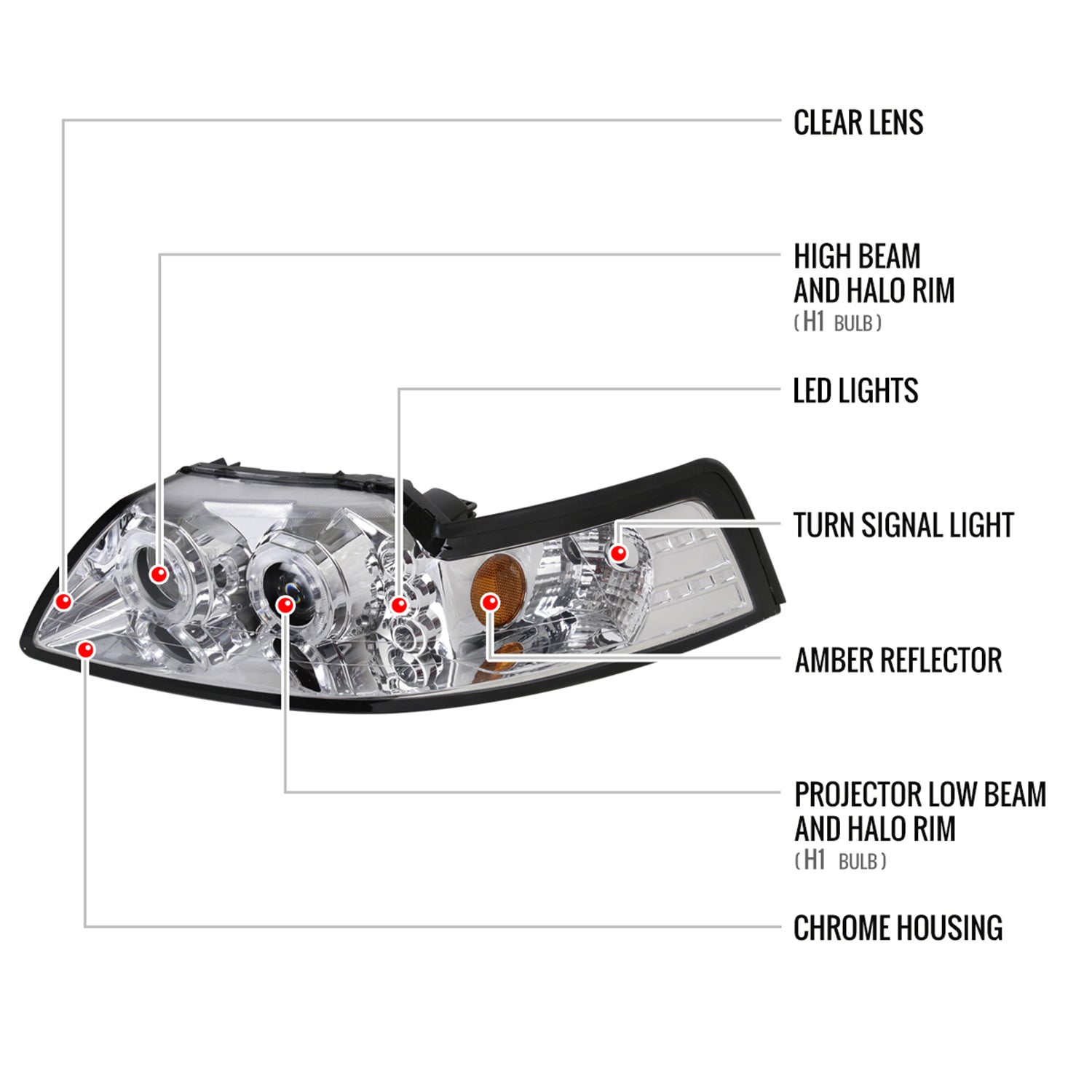 1999-2004 Ford Mustang Dual Halo V2 Projector Headlights Chrome/Clear Lens