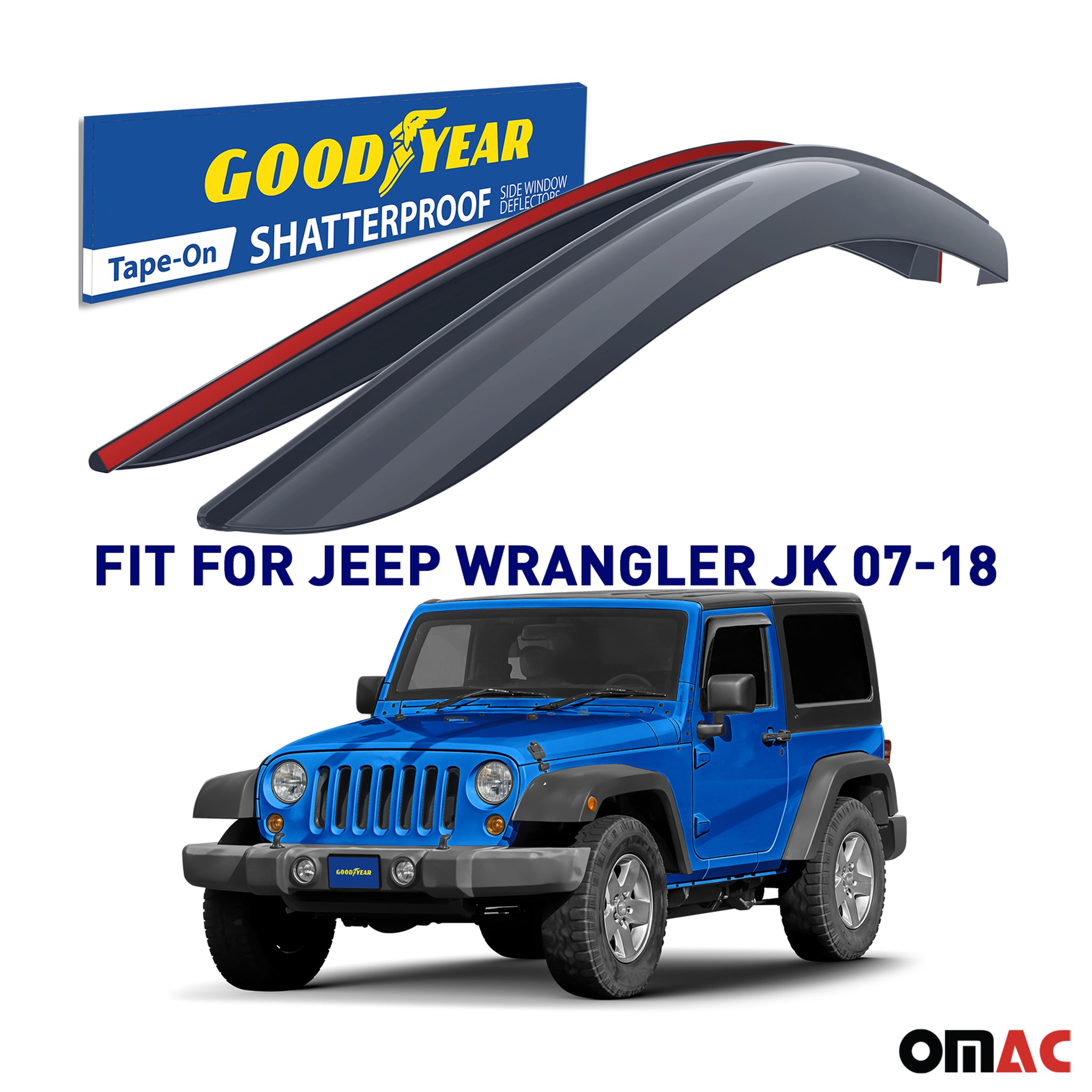 Goodyear Wind Deflectors for Jeep Wrangler JK 2007-2018 Tape-On Premium Smoke 2x