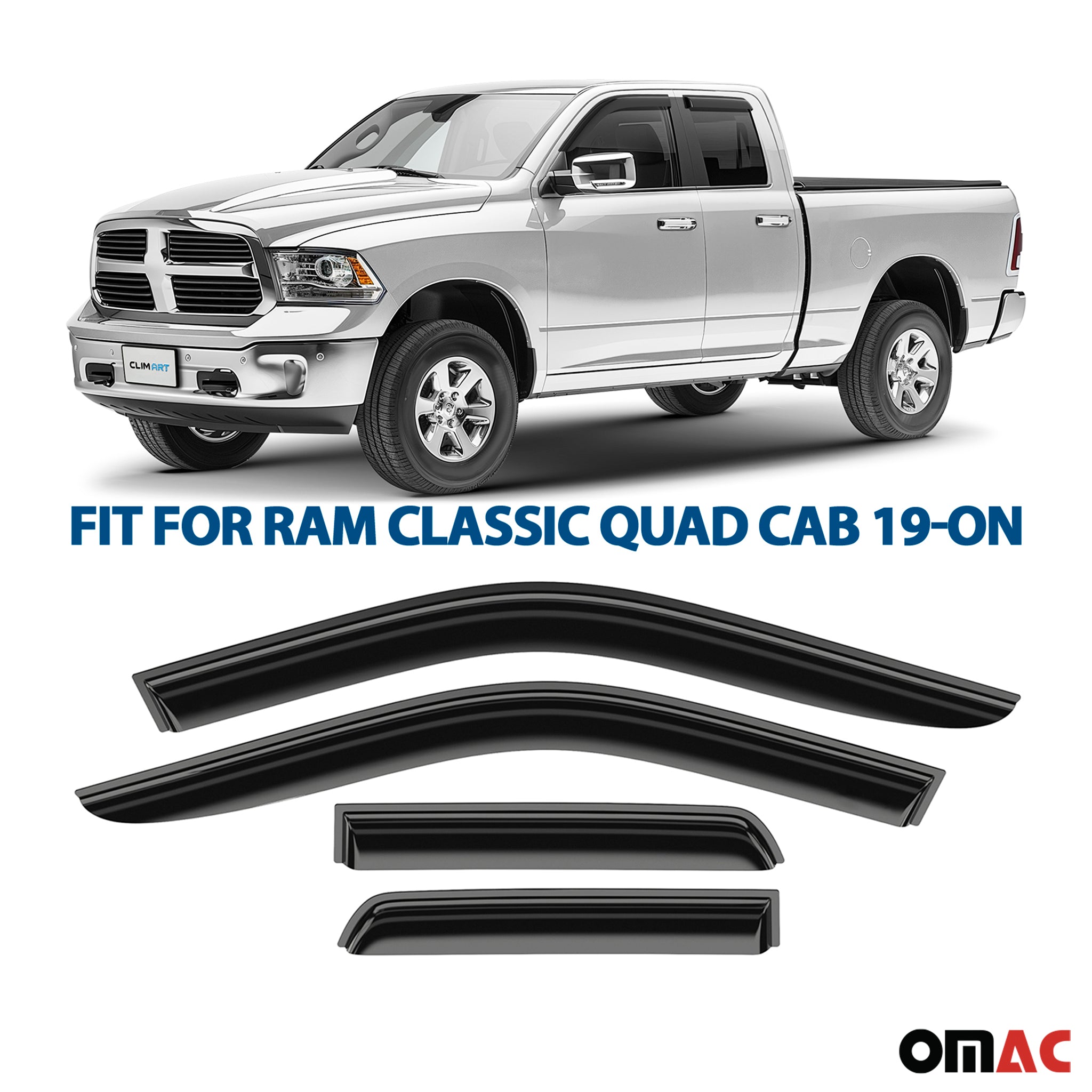 Clim Art Wind Deflectors for Dodge Ram 1500 2019-2025 Quad Cab Smoke 4 Pcs