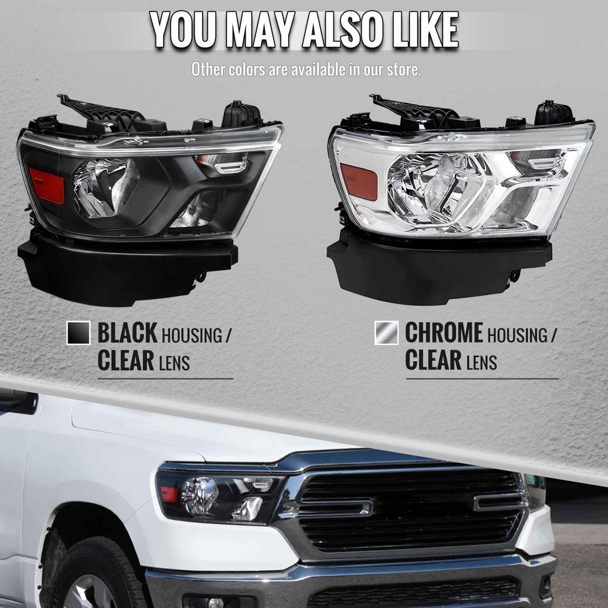 For Dodge RAM 1500 2019-2024 Factory Style Crystal Headlight Passenger Side Only Black Housing Clear Lens