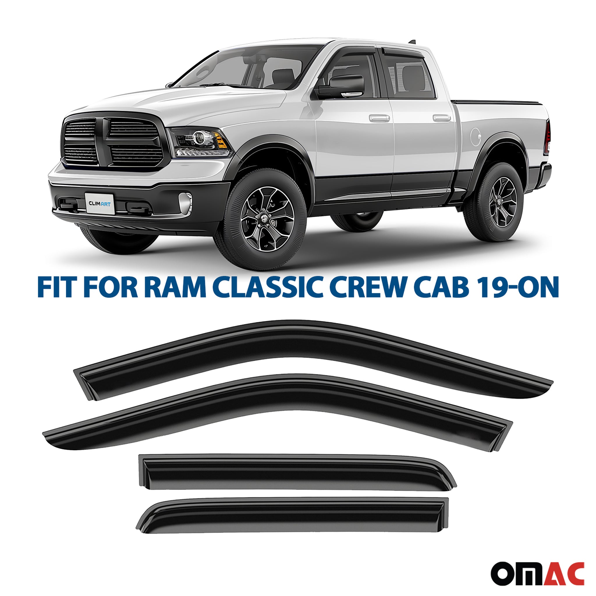 Clim Art Wind Deflectors for Dodge Ram 1500 2019-2025 Crew Cab Smoke 4 Pcs