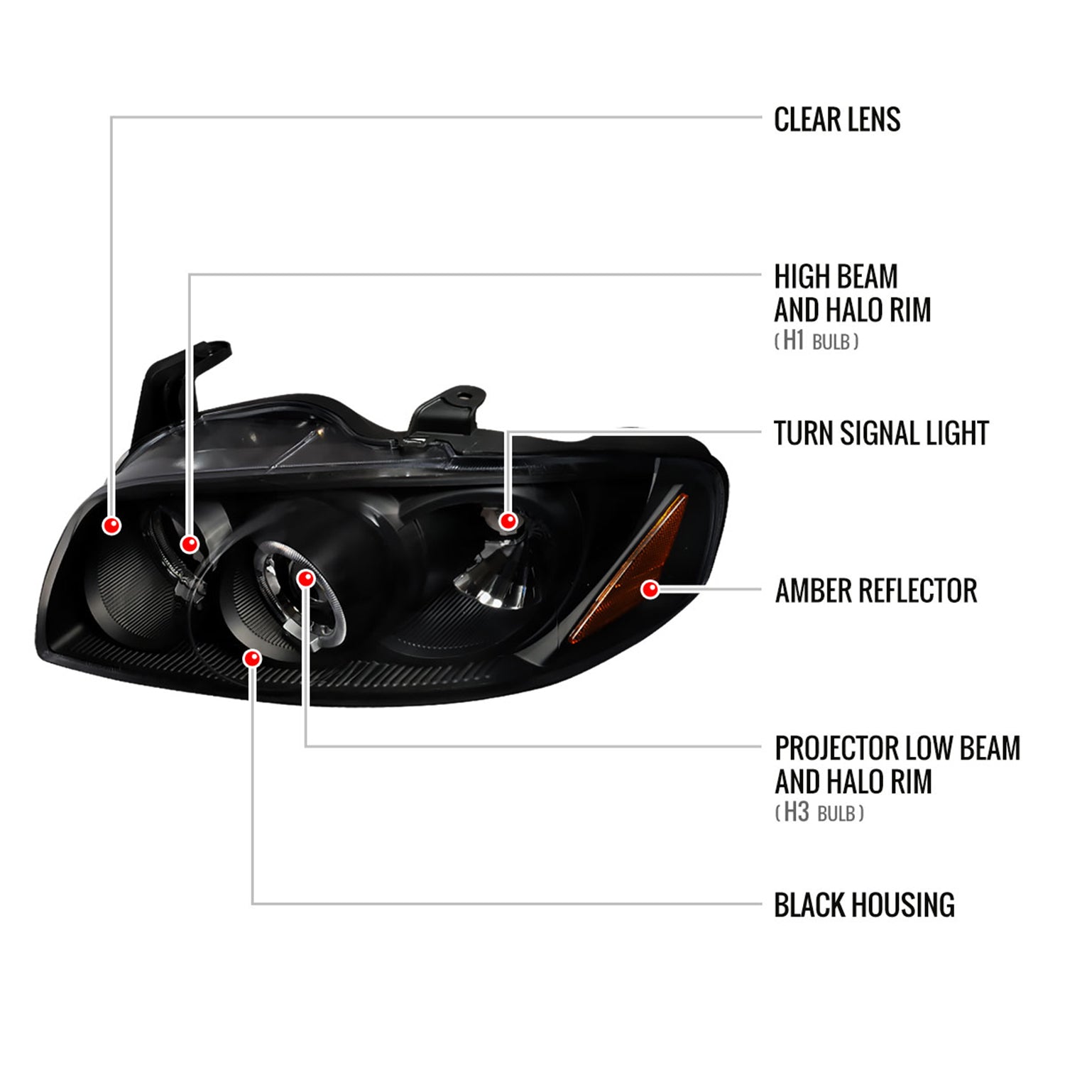 2004-2006 Nissan Sentra Dual Halo Projector Headlights Matte Black/Clear Lens