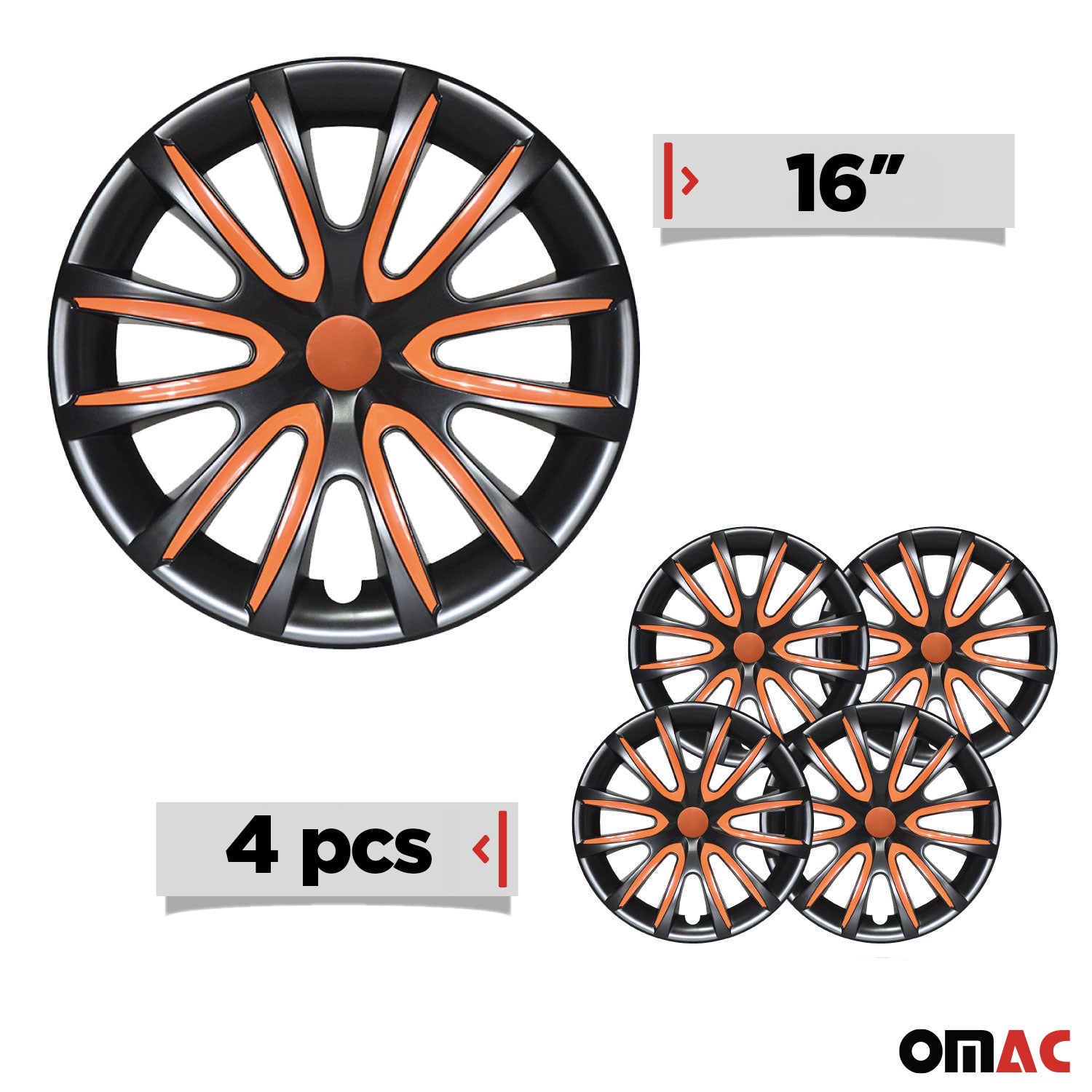 Bicolo Hub Caps Wheel Cover 16" Black & Orange Full Set 4 pcs.