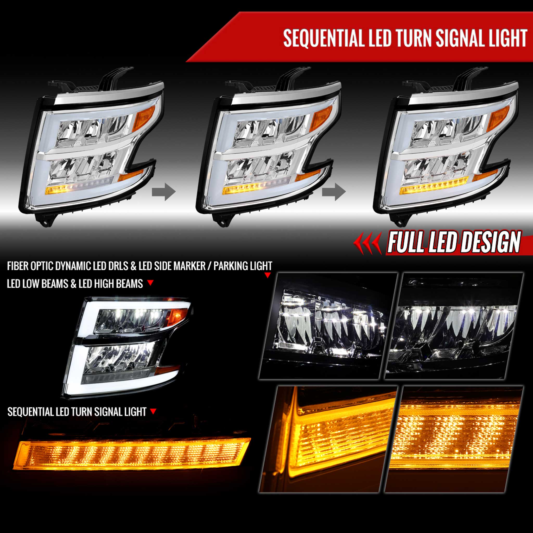For Chevrolet Tahoe 2015-2020 Full LED DRL Sequential Headlights Chrome Housing Clear Lens