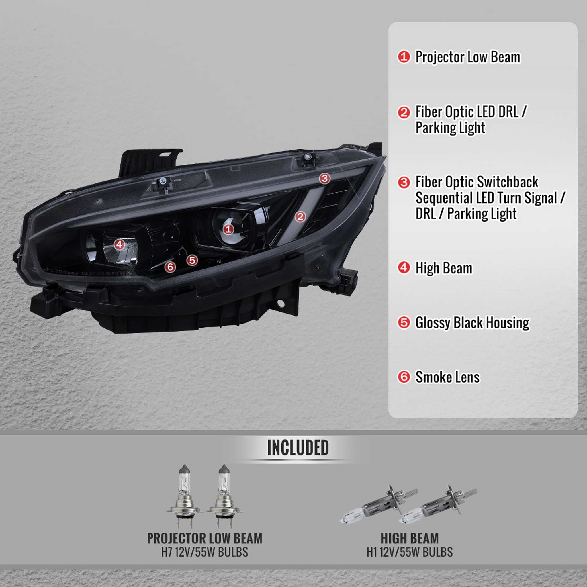 For Honda Civic 2016-2021 Projector Headlights Sequential DRL Glossy Black Housing Smoked Lens
