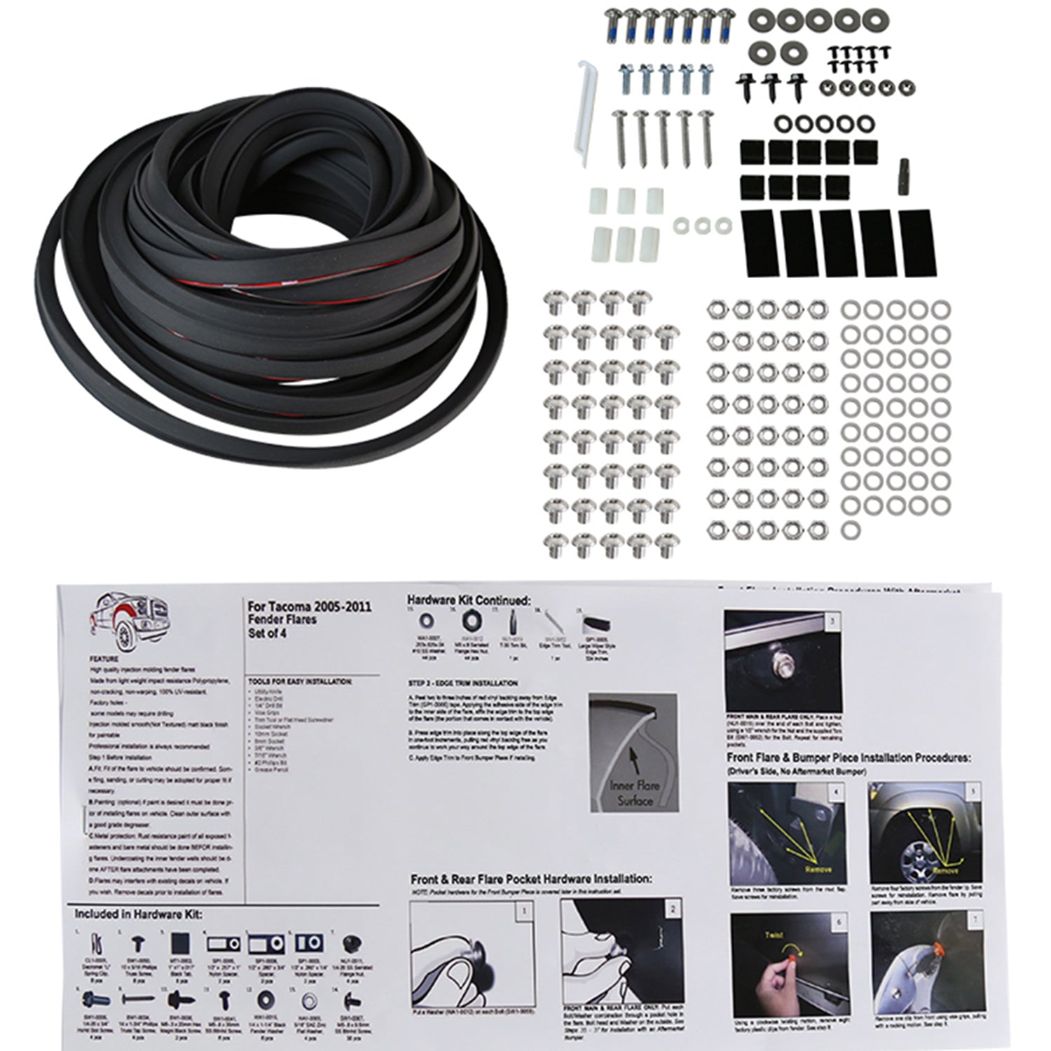 2005-2011 Toyota Tacoma Fleetside 6" Long Bed Smooth Rivet Style Fender Flares