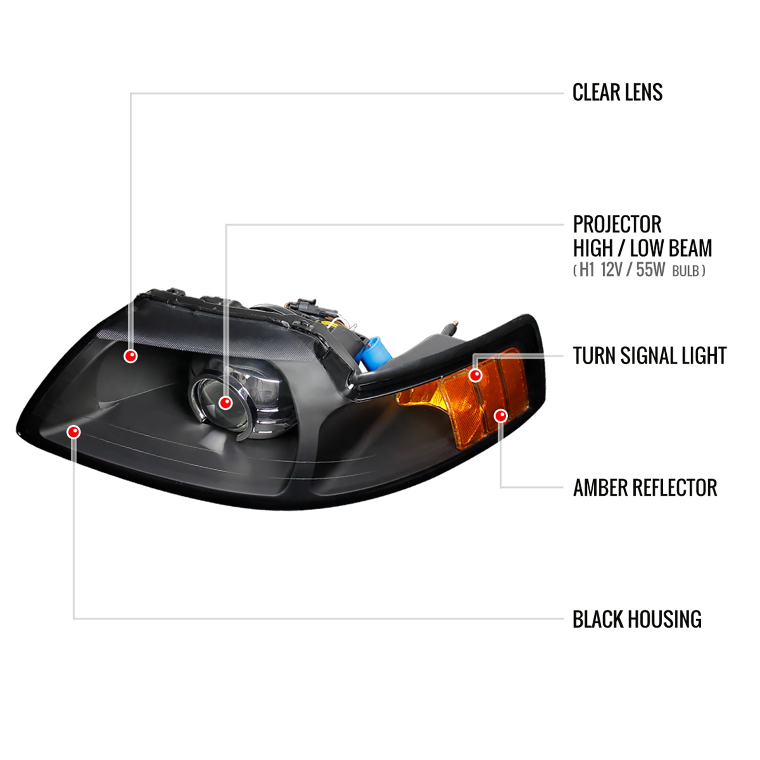 1999-2004 Ford Mustang Projector Headlights Amber Reflectors Matt Black/Clear