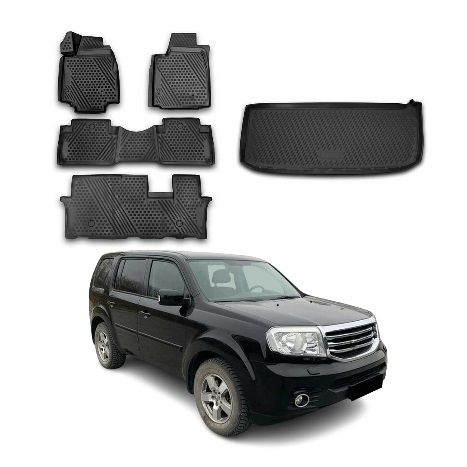 2009-2015 Honda Pilot Floor Mats & Cargo Liner Full Set All Weather Black