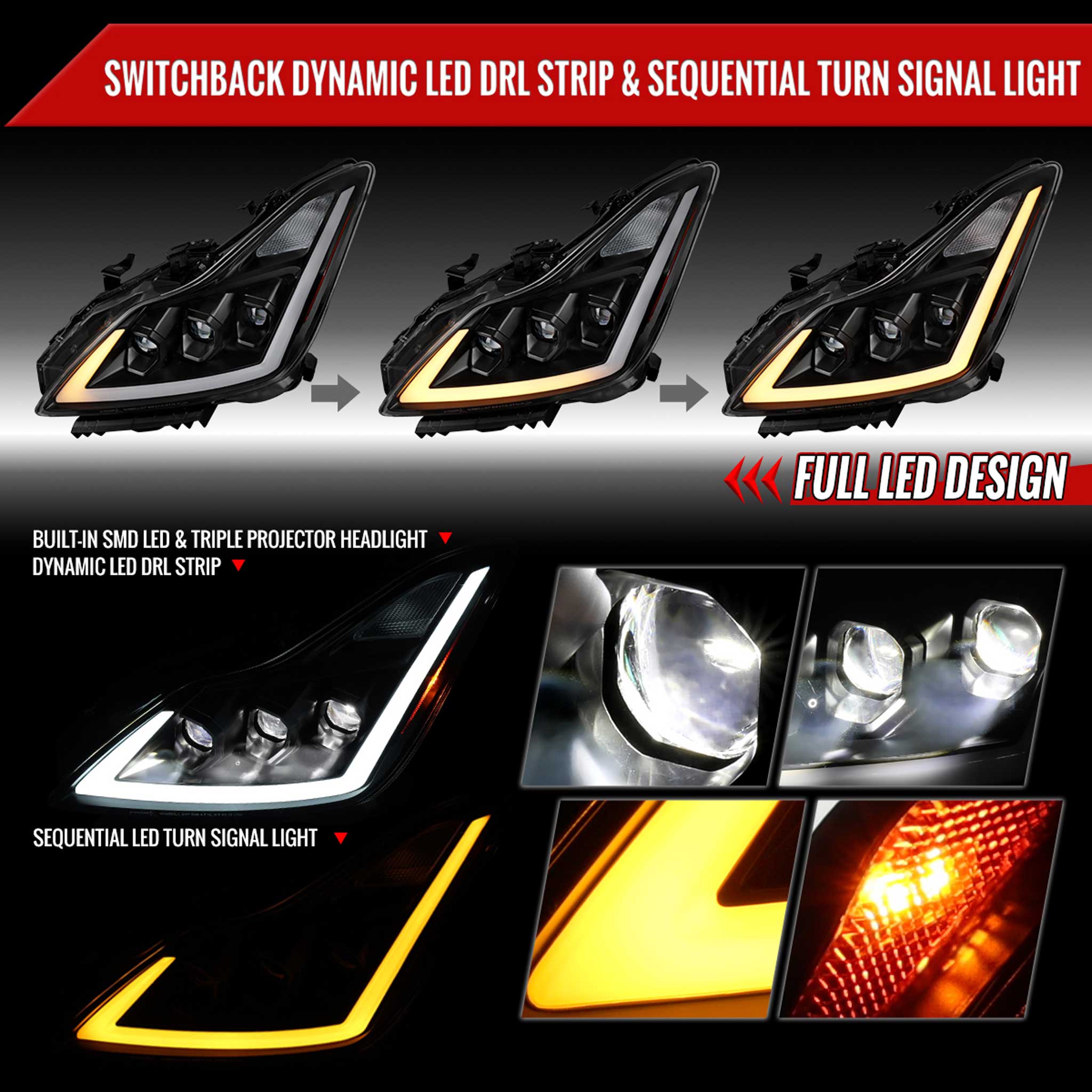 For Infiniti G37 2008-13 / Q60 Coupe 2014-15 LED Triple Projector Headlights Sequential Matte Black Clear Lens Switchback