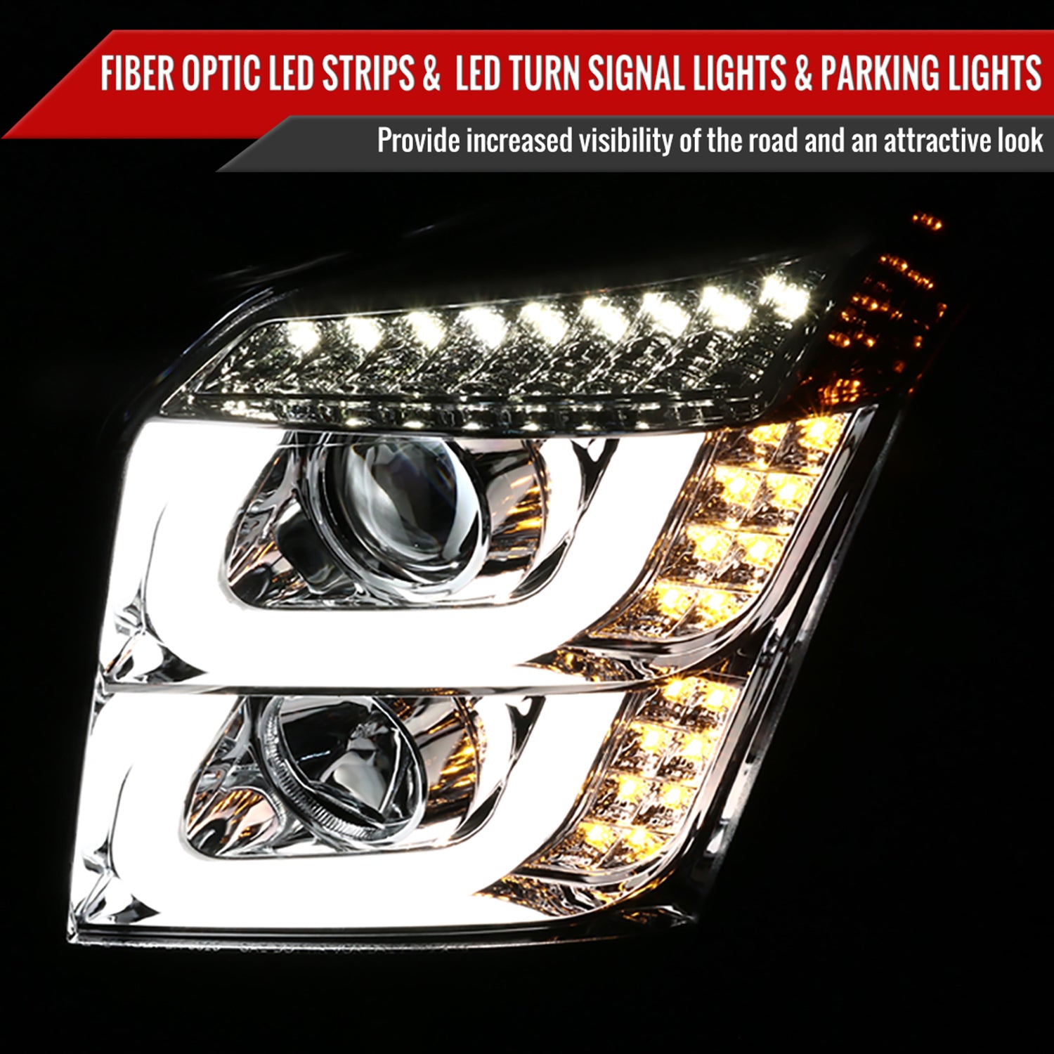 2015-2020 GMC Yukon/Yukon XL LED U-Bar Projector Headlights Chrome/Clear Lens