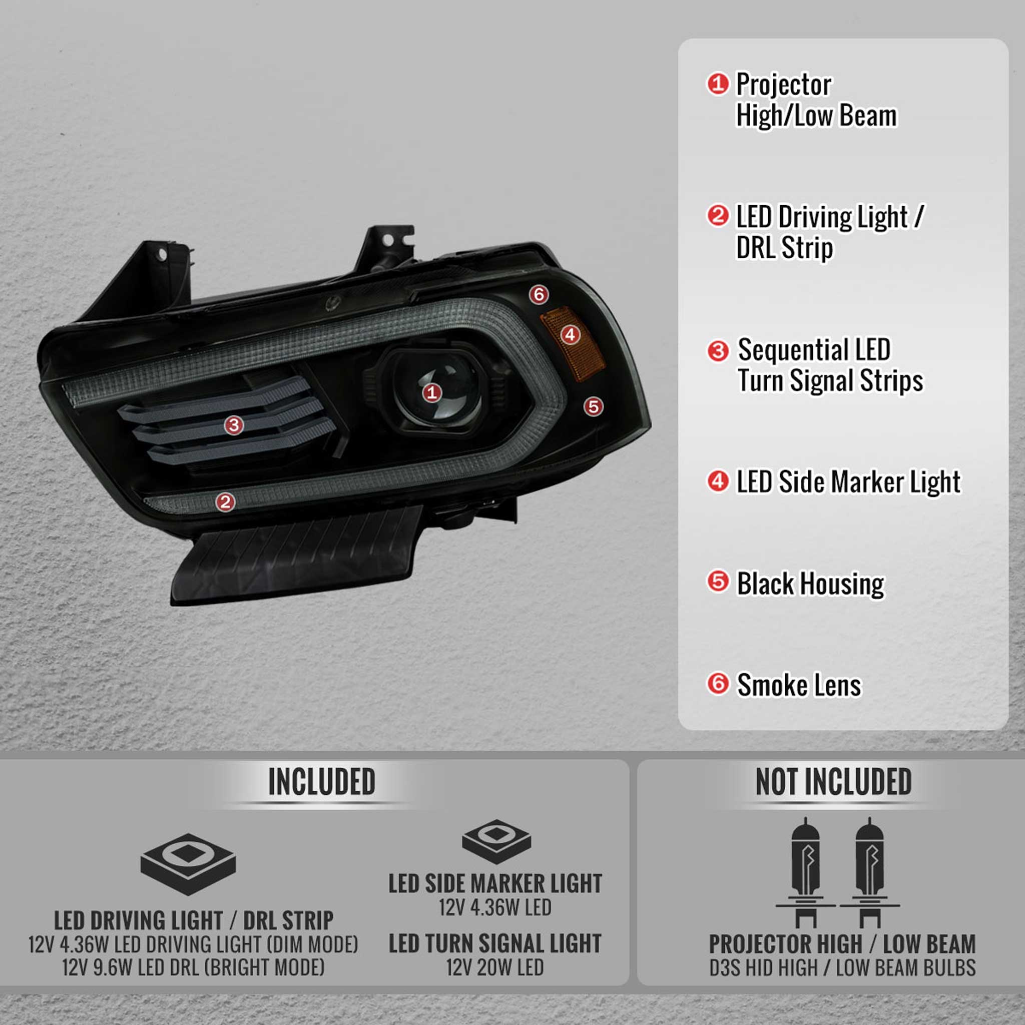 For Dodge Charger 2011-2014 Headlights LED DRL Light Strip Turn Signal Side Marker Black Housing Smoked Lens