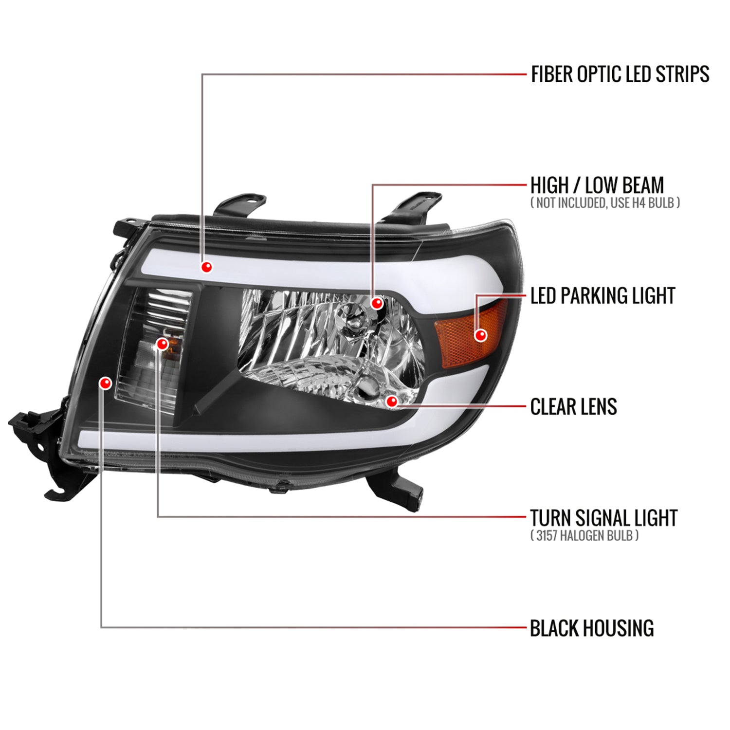 2005-2011 Toyota Tacoma LED Bar Factory Style Headlights Matte Black/Clear