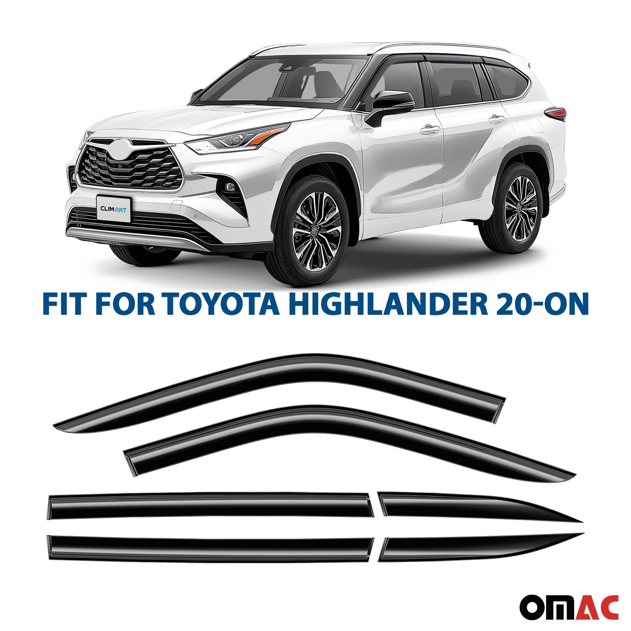 Clim Art Wind Deflectors for Toyota Highlander 2020-2025 Shatterproof Smoke 6x