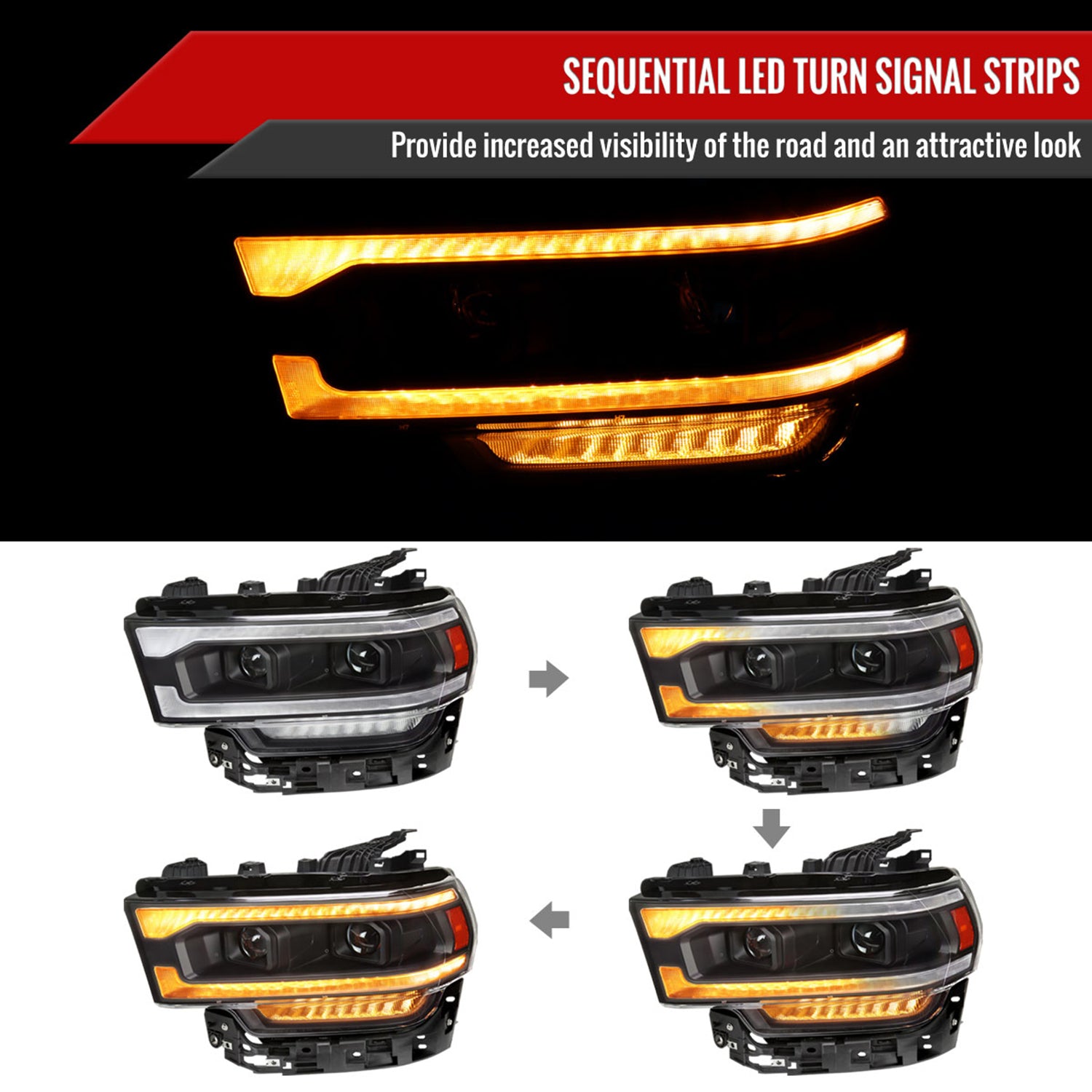 2019-2024 Dodge RAM 2500/3500/4500/5500 LED Signal Projector Headlights Black