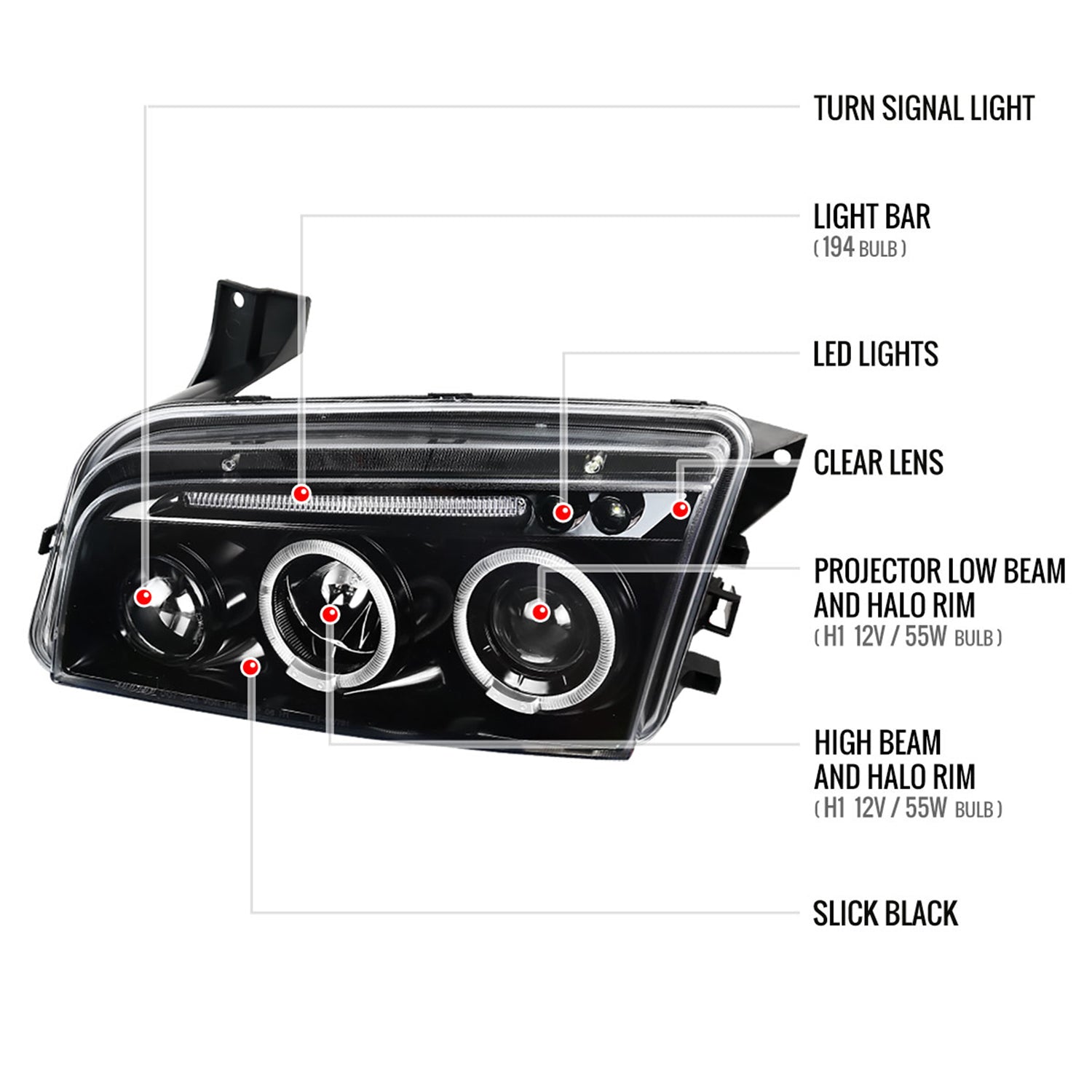 2005-2010 Dodge Charger Dual Halo Projector Headlights Jet Black/Clear Lens