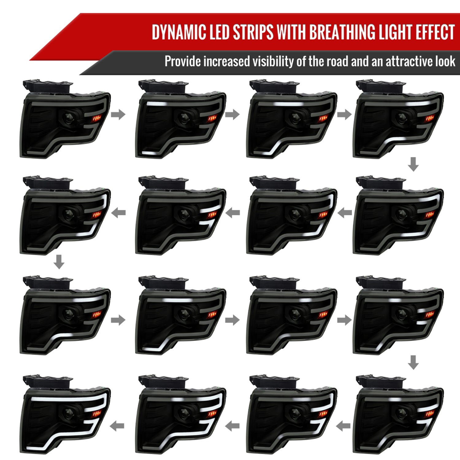 2009-2014 Ford F-150 Sequential LED Turn Signal Projector Headlights Smoke