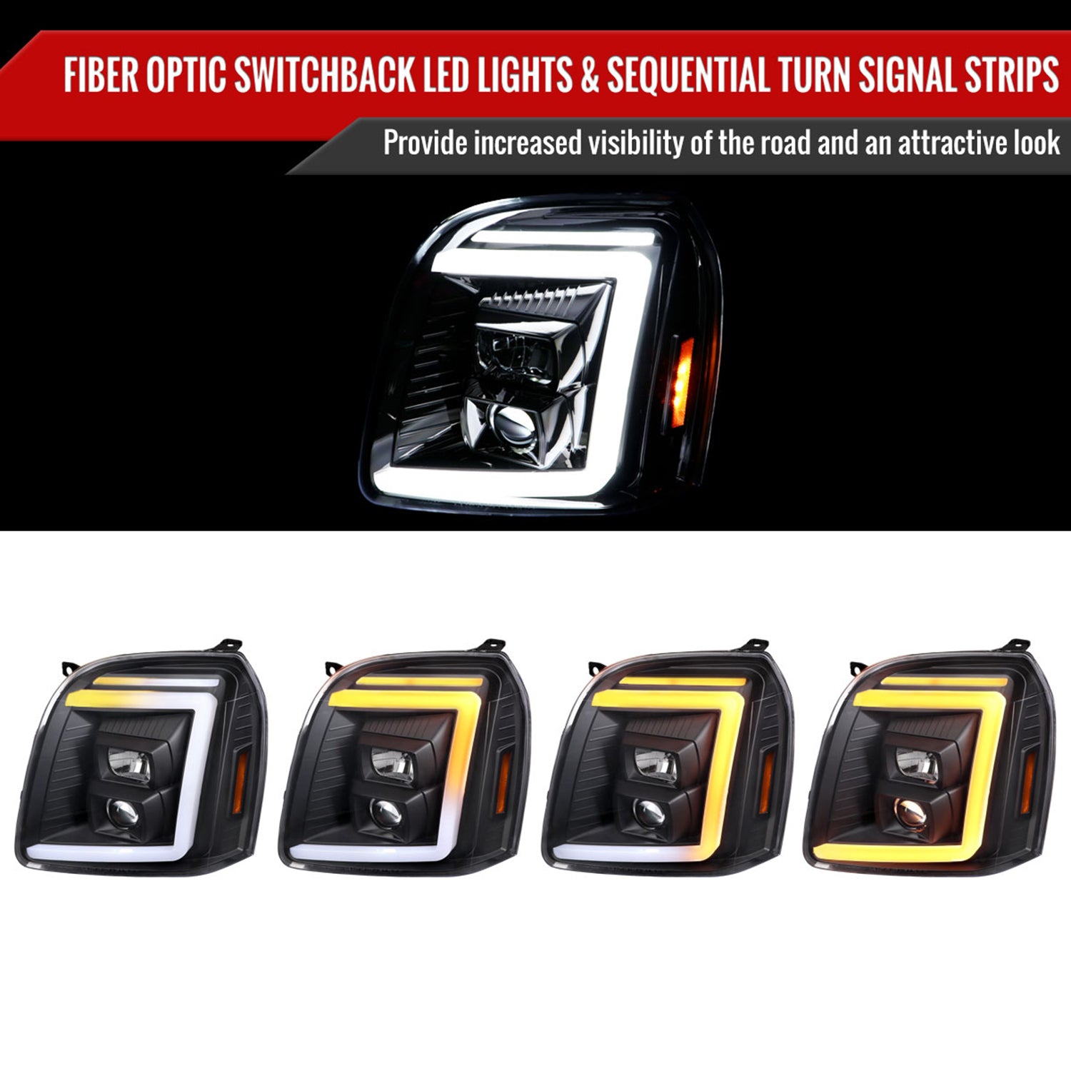 2007-2014 GMC Yukon/XL 1500/XL 2500 LED Turn Signal Projector Headlights Black
