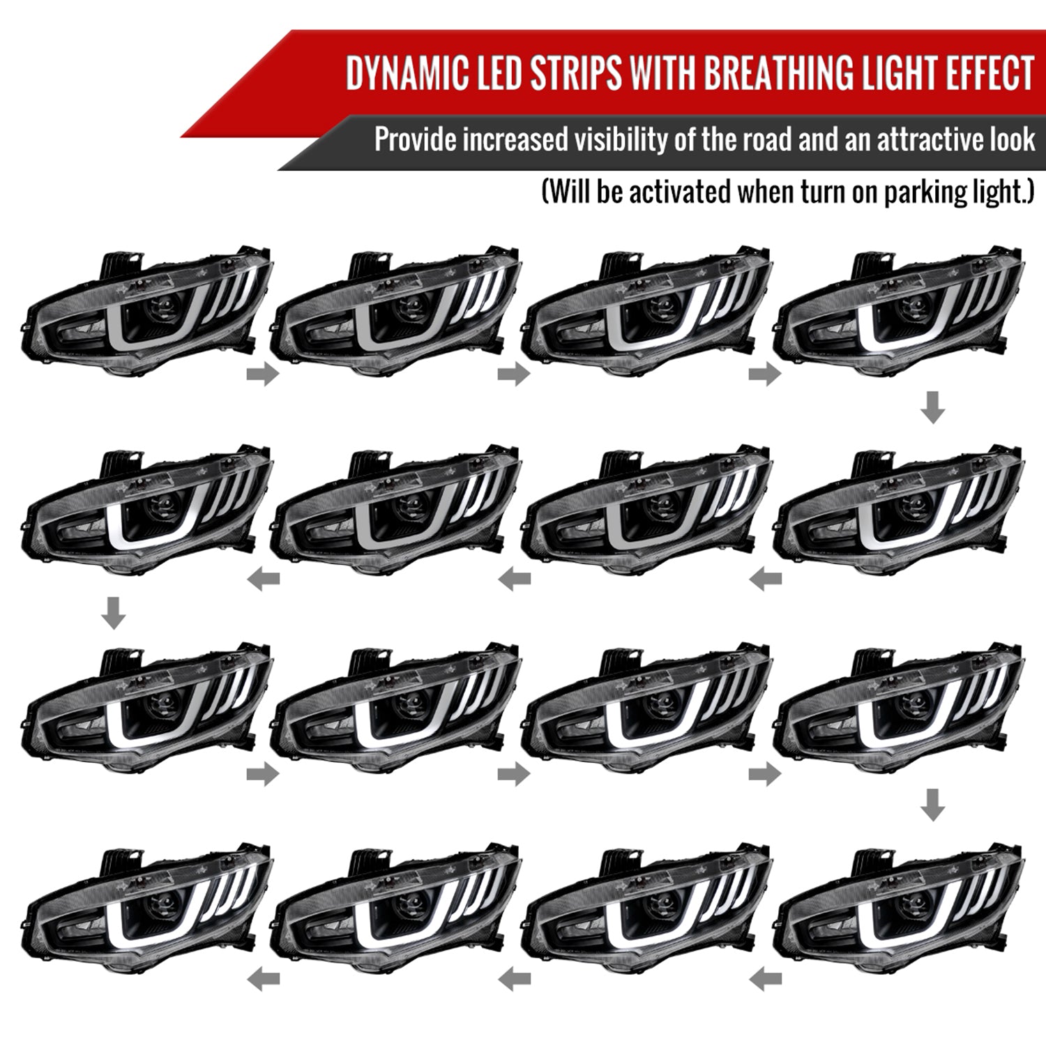 2016-2021 Honda Civic LED Headlights LED Sequential Turn Signal Matt Black