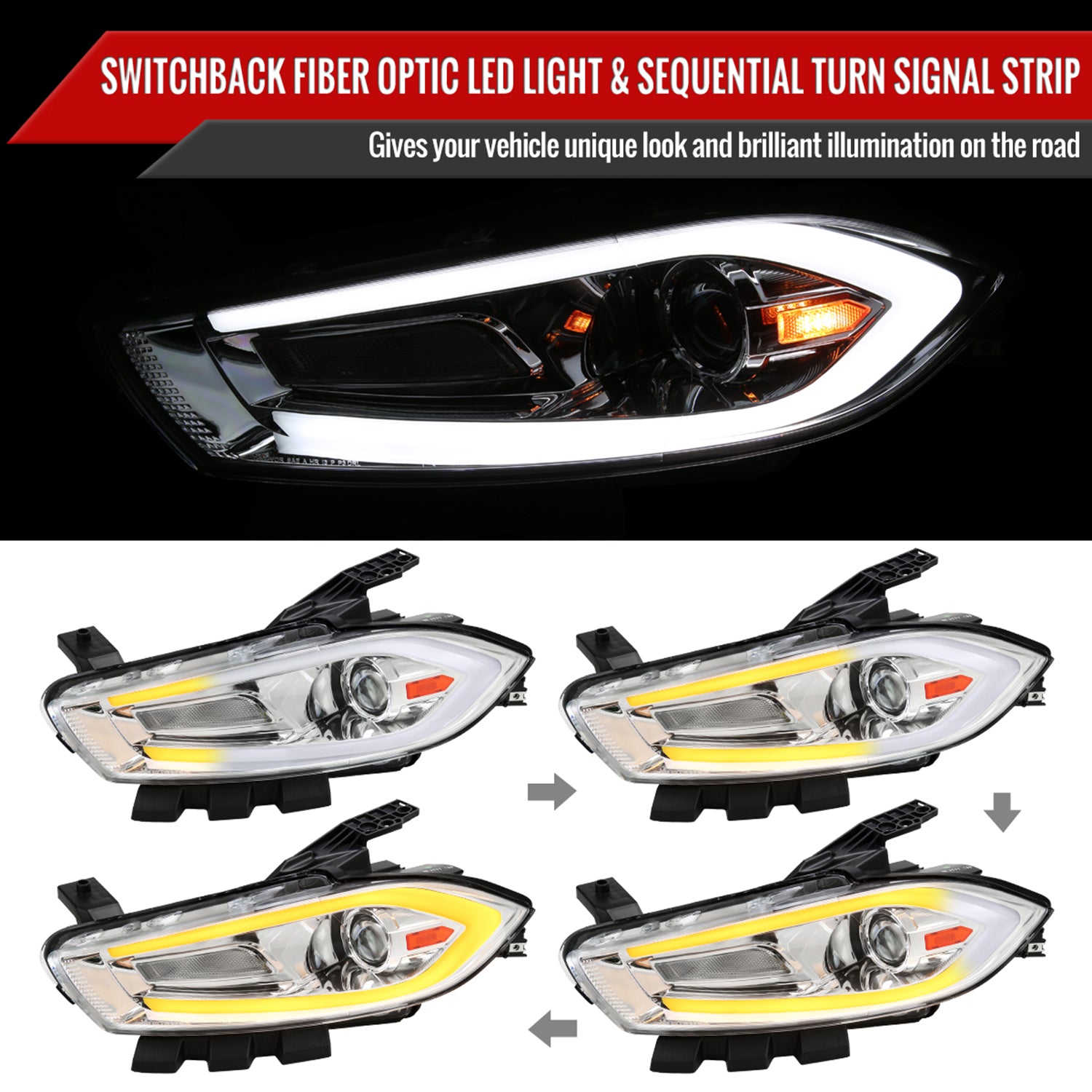 2013-2016 Dodge Dart Sequential Animated LED Bar Projector Headlights Chrome