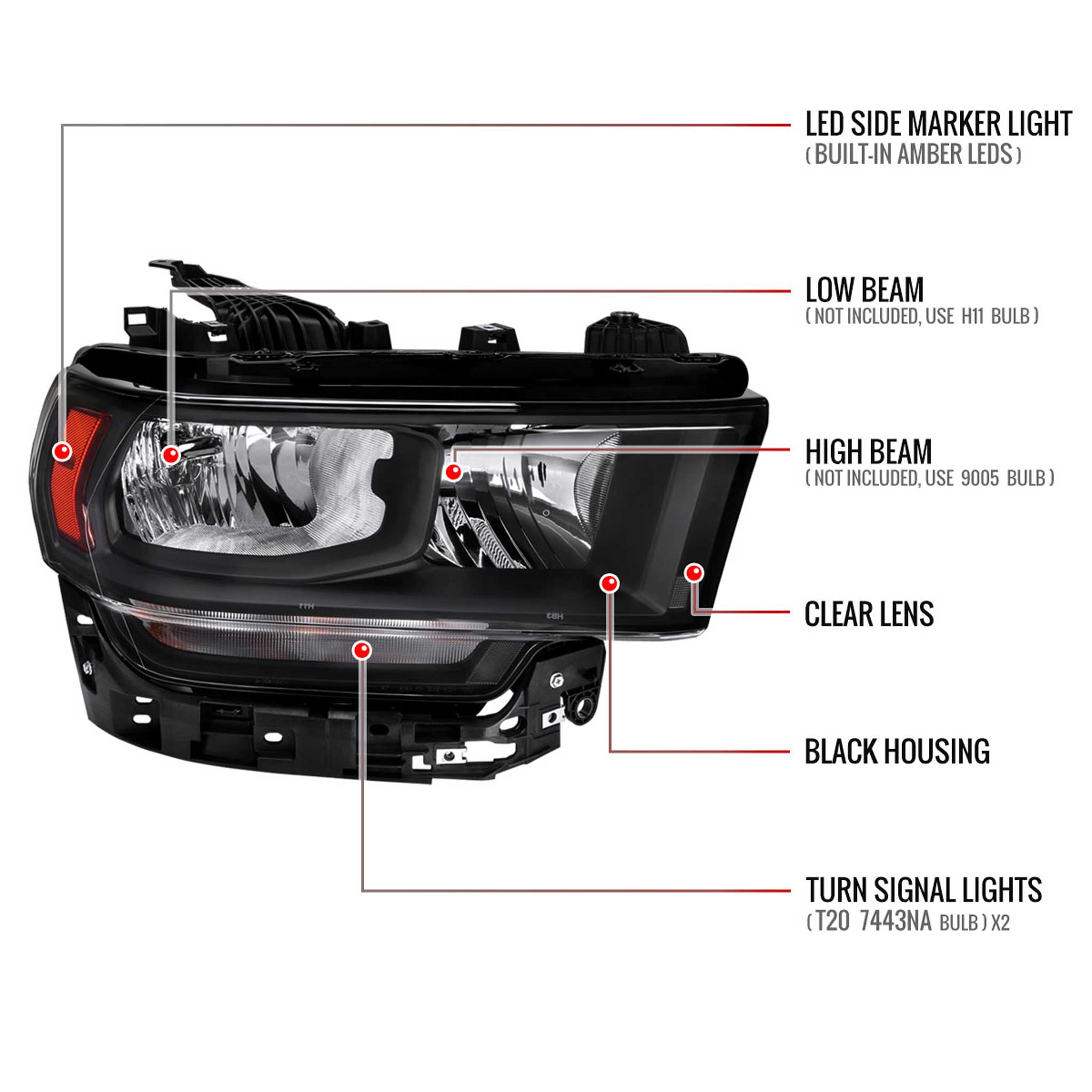 For Dodge RAM 2500 3500 2019-2024 Factory Style Crystal Headlight Passenger Side Only Black Housing Clear Lens