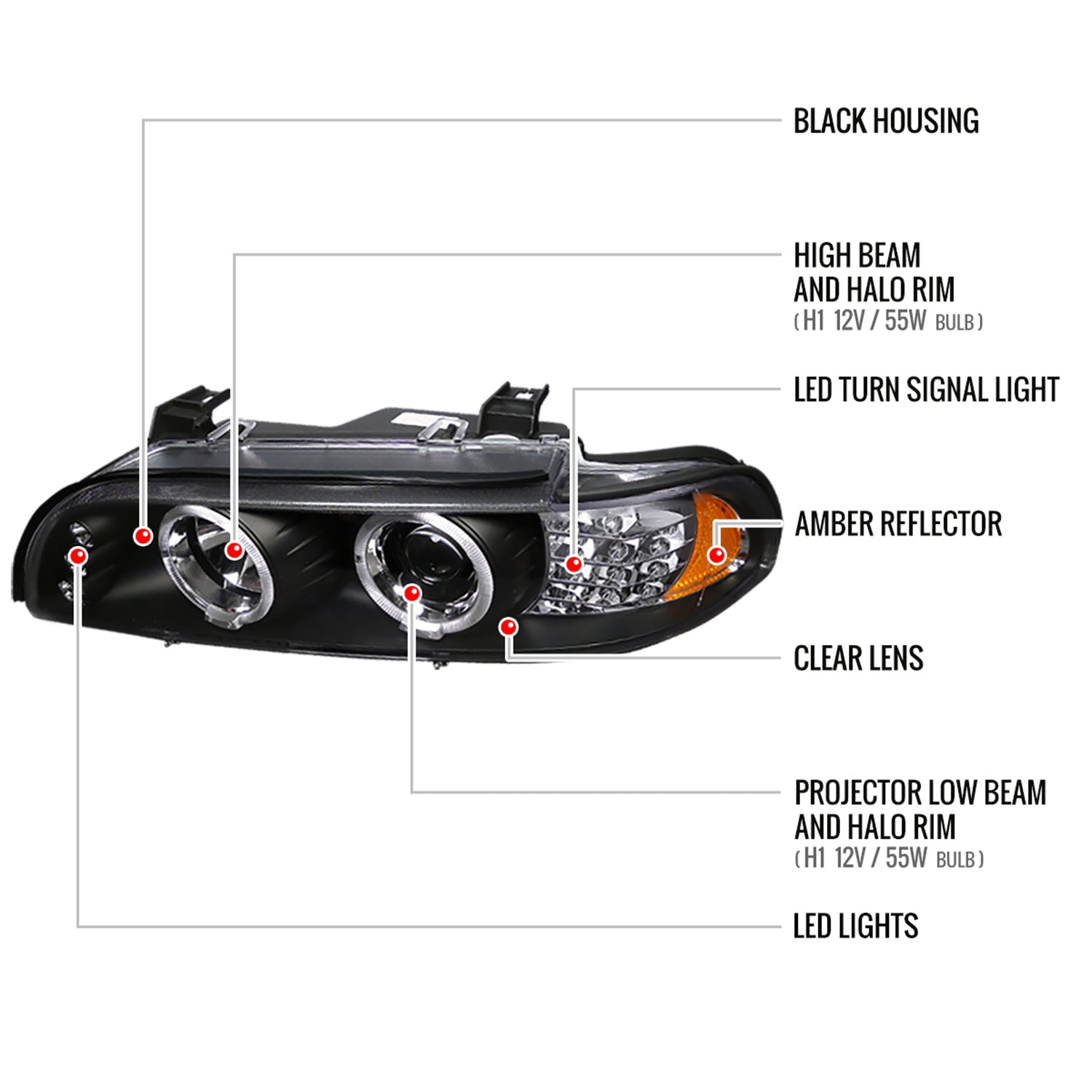 2001-2003 BMW E39 5 Series Dual Halo Headlights LED Signal Lights Black