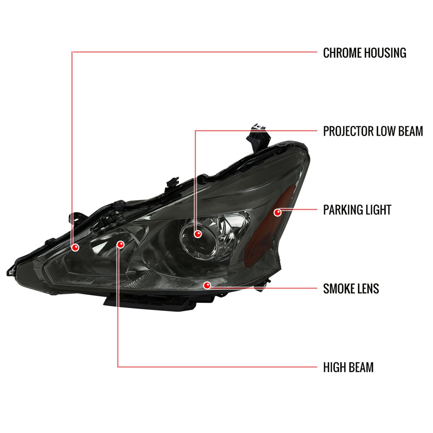 2013-2015 Nissan Altima Sedan Projector Headlights Chrome Housing/Smoke Lens