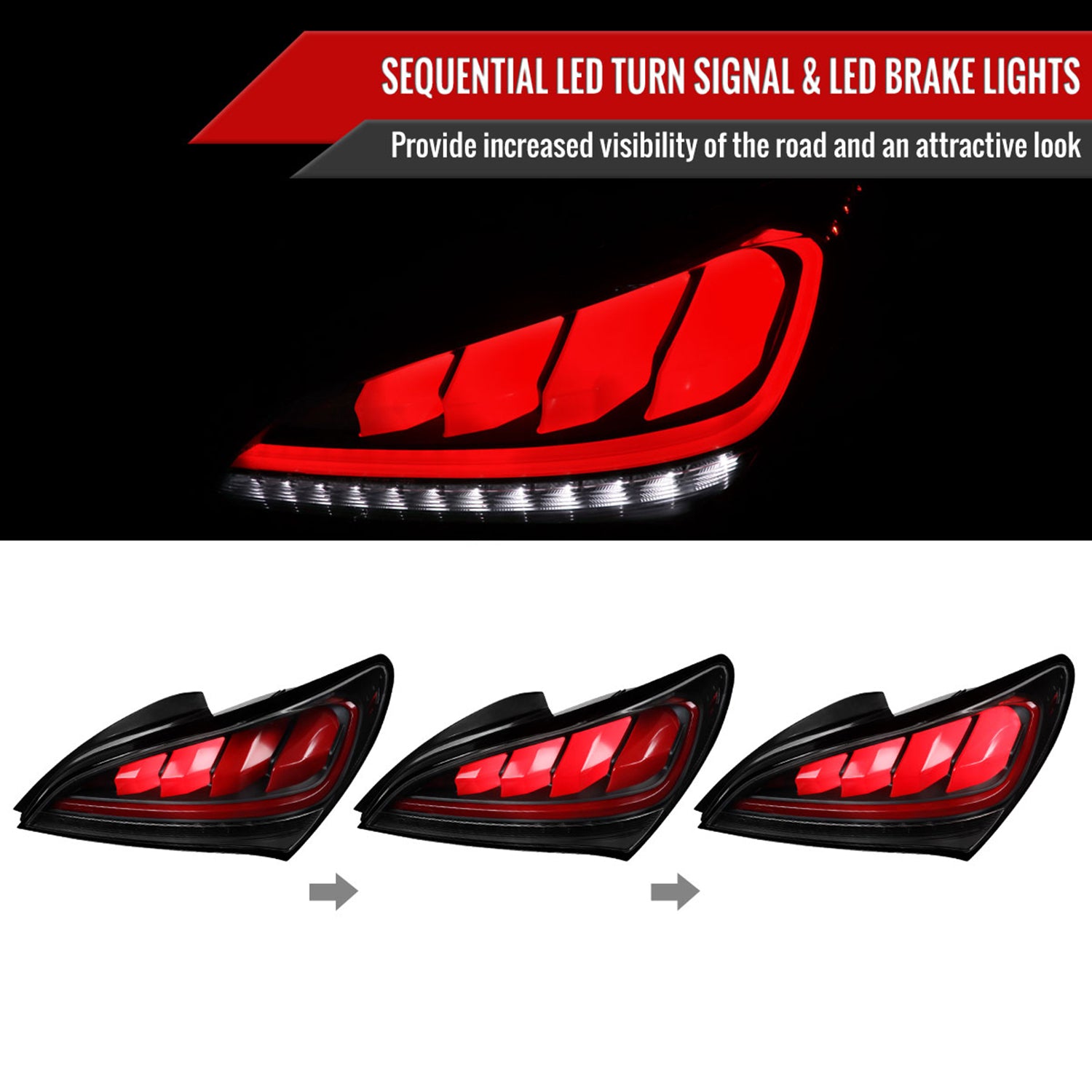 2010-2016 Hyundai Genesis Coupe Red Bar LED Tail Lights Satin Black/Clear