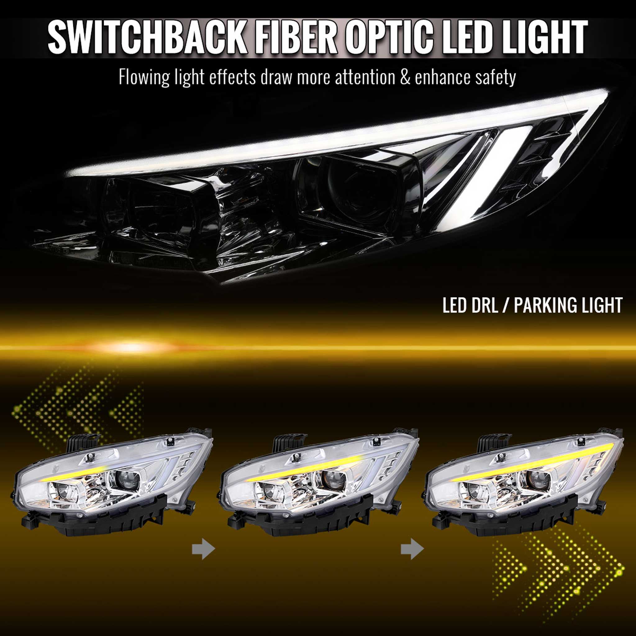 For Honda Civic 2016-2021 Projector Headlights Sequential DRL Chrome Housing Clear Lens