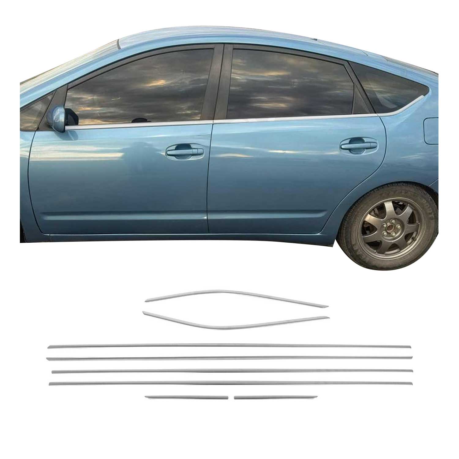 2010-2015 Toyota Prius Window Molding Trim Streamer Silver 8Pcs Stainless Steel