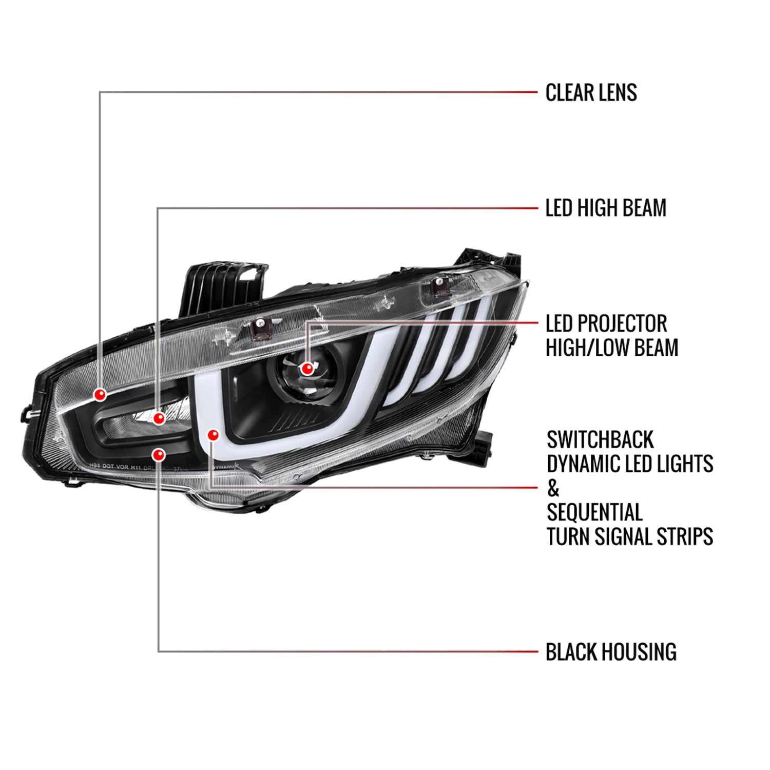 2016-2021 Honda Civic Full LED Projector Headlights Turn Signal Black