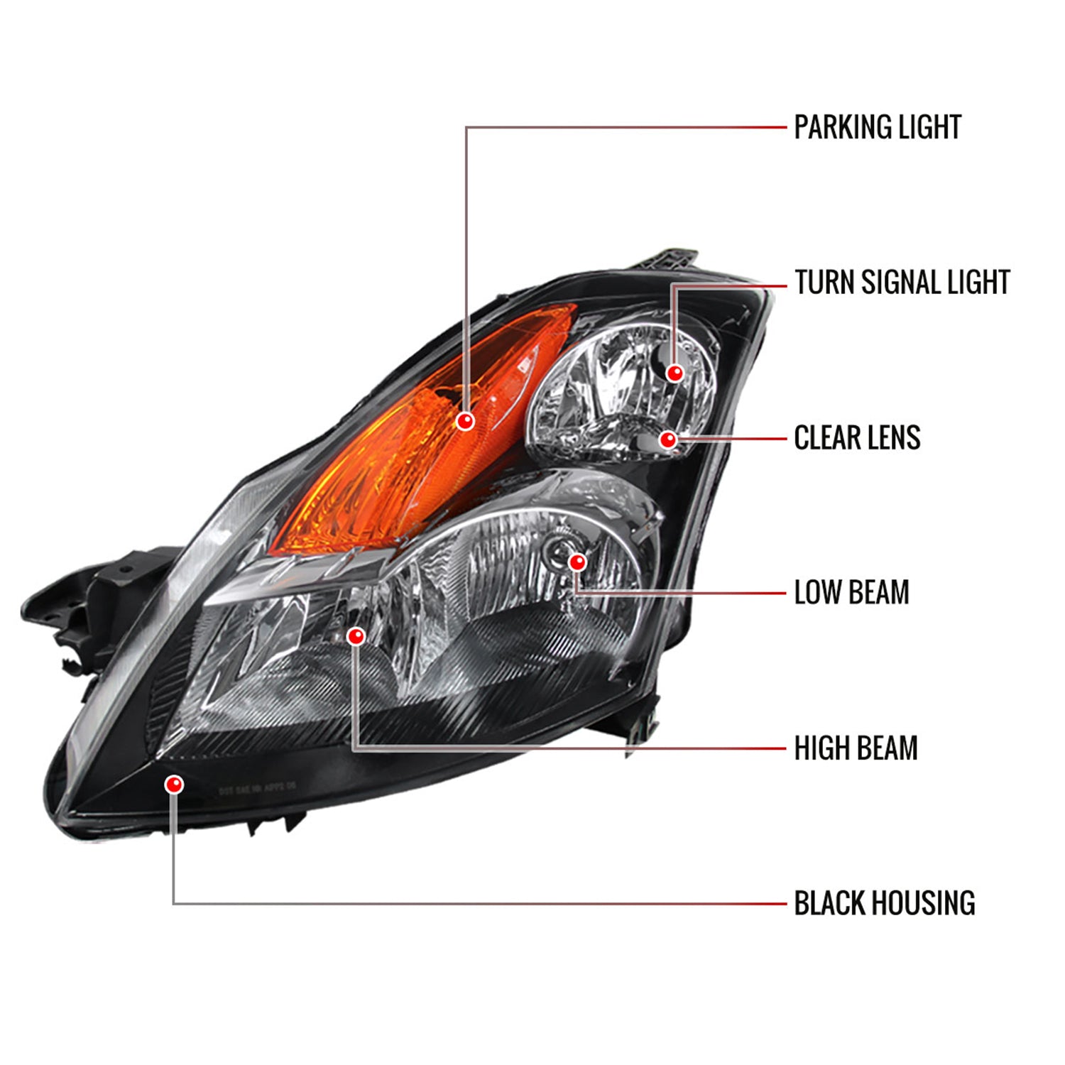 2007-2009 Nissan Altima Sedan Crystal Headlights Amber Reflector Matt Black