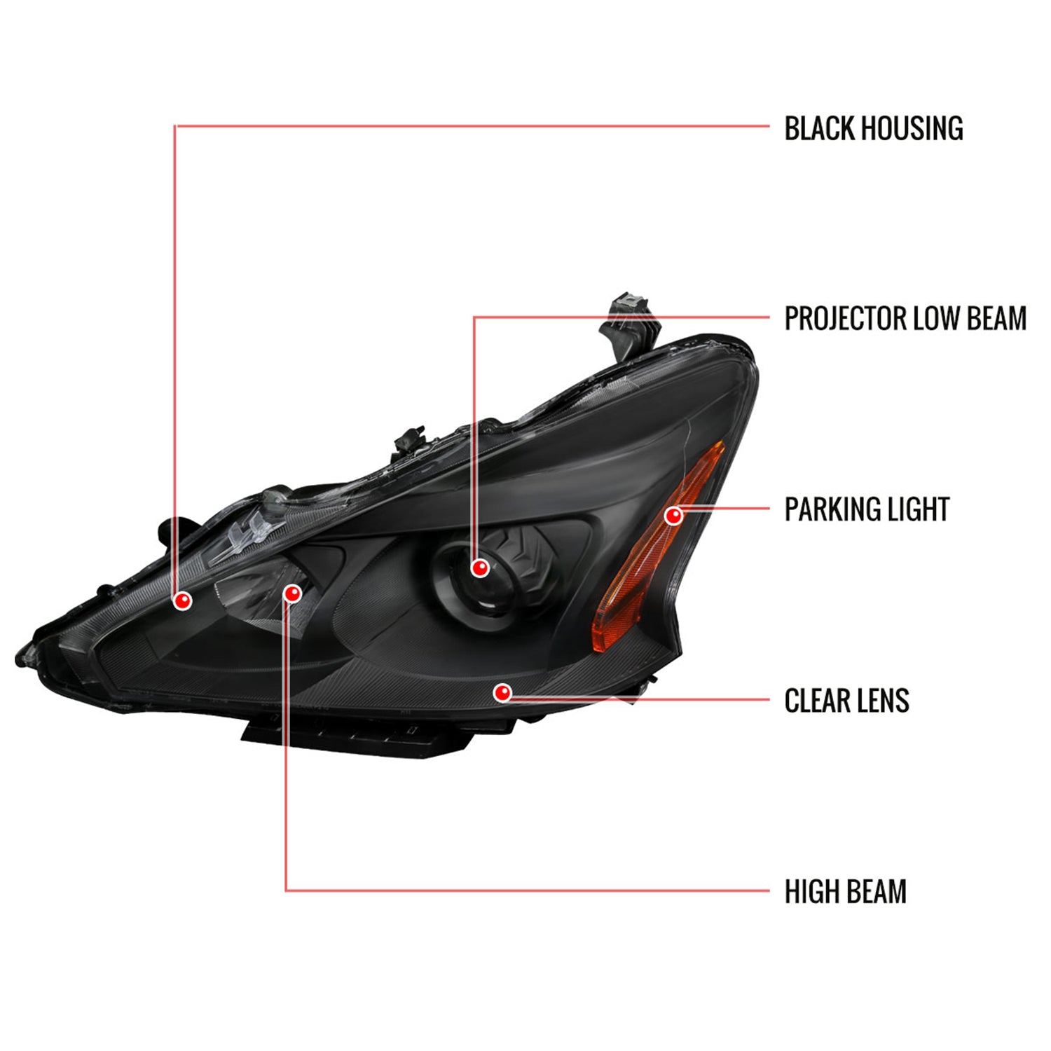 2013-2015 Nissan Altima Sedan Projector Headlights Amber Reflectors Matt Black