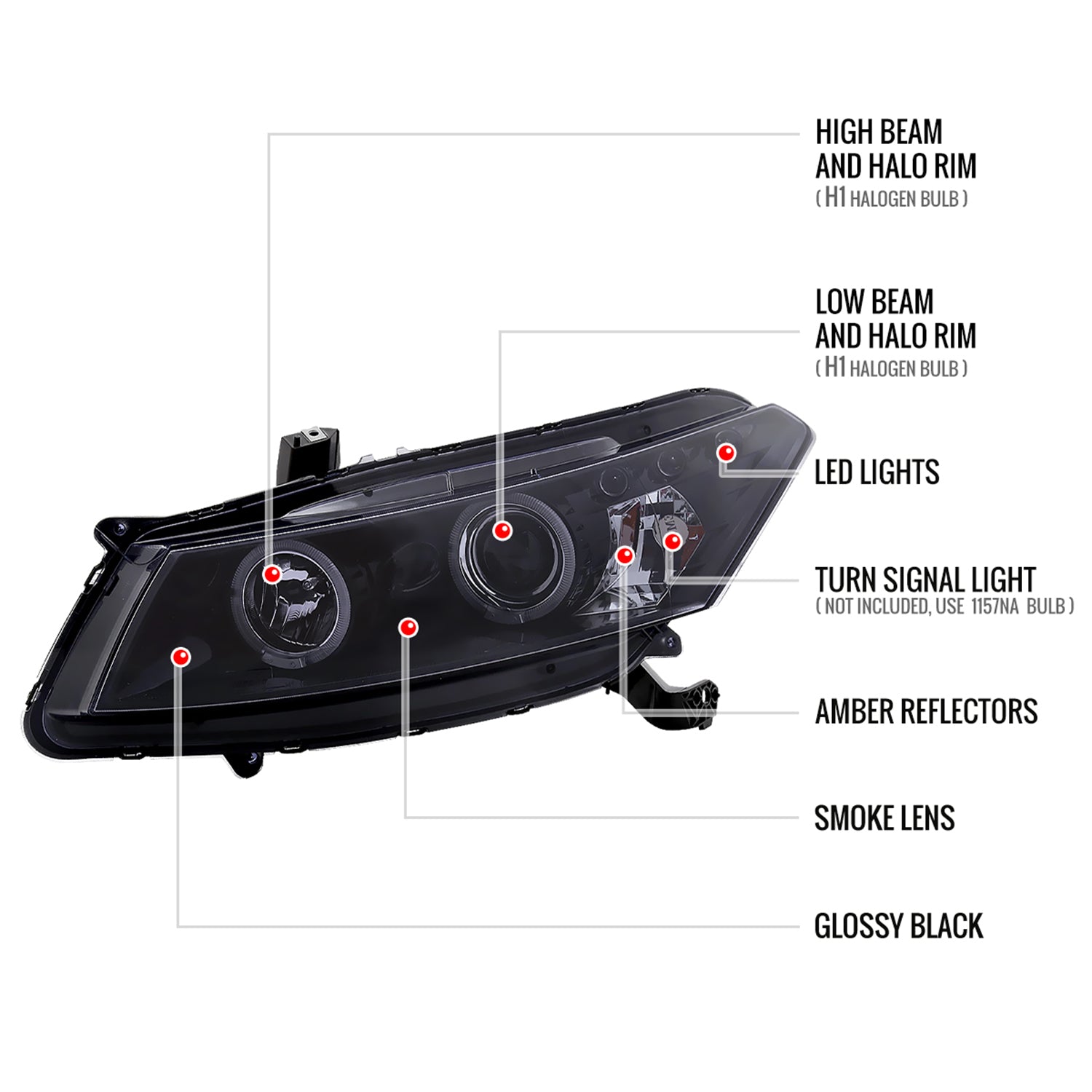 2008-2012 Honda Accord Coupe Dual Halo Projector Headlights Glossy Black/Smoke