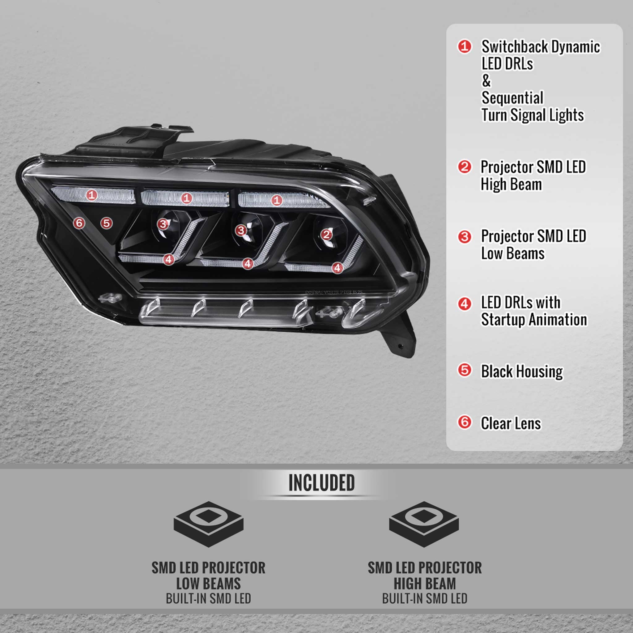 For Ford Mustang 2010-2014 Full LED Projector Headlights Sequential DRL Matte Black Clear Lens