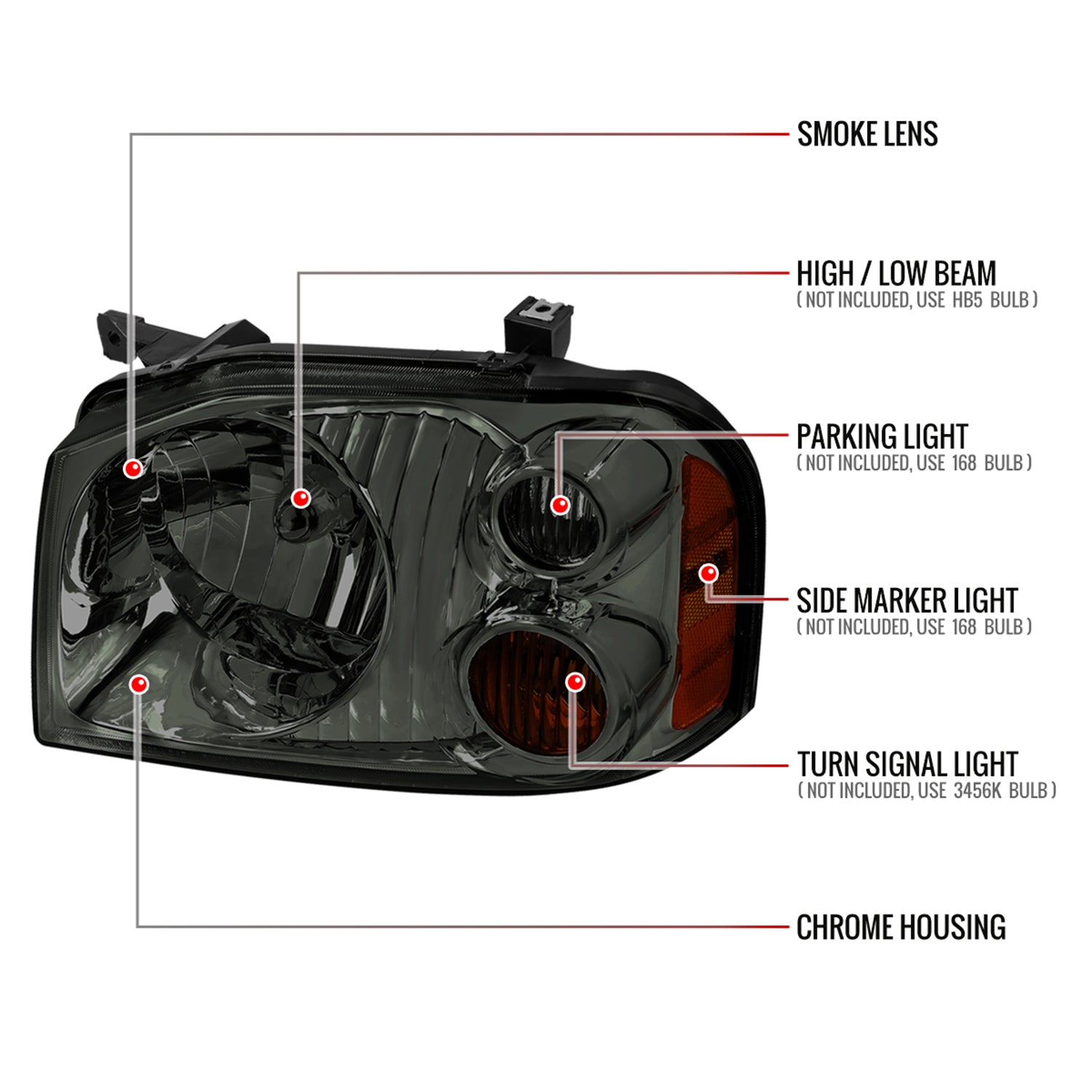 2001-2004 Nissan Frontier XE Factory Style Headlight Chrome/Smoke Lens