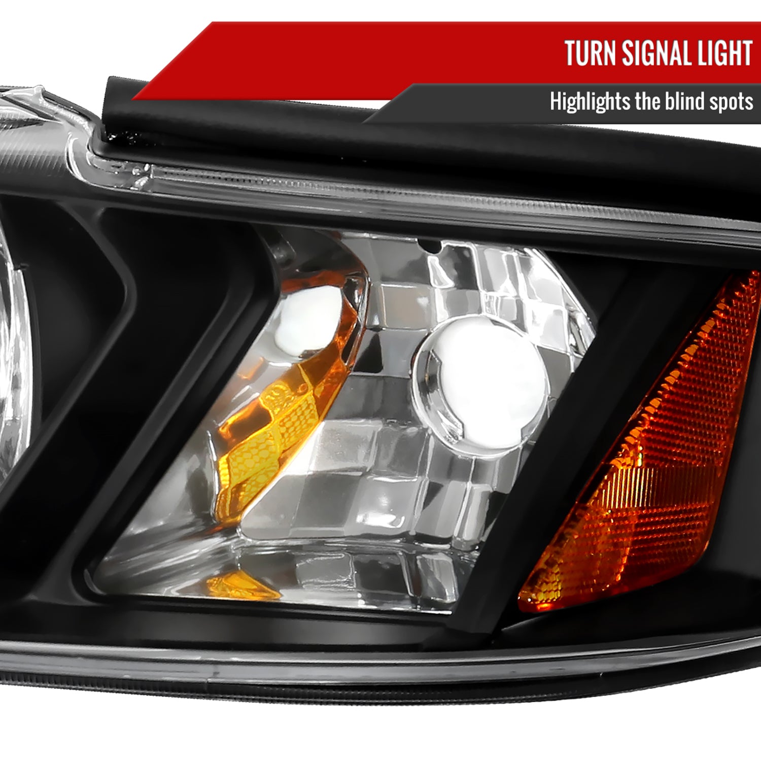 1994-1998 Ford Mustang 1PC Crystal Headlights Amber Reflectors Matt Black