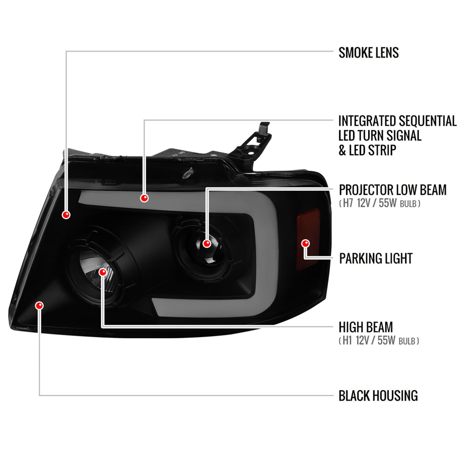 2004-2008 Ford F-150/Lincoln Mark LT LED CBar Projector Headlights Black&Smoke