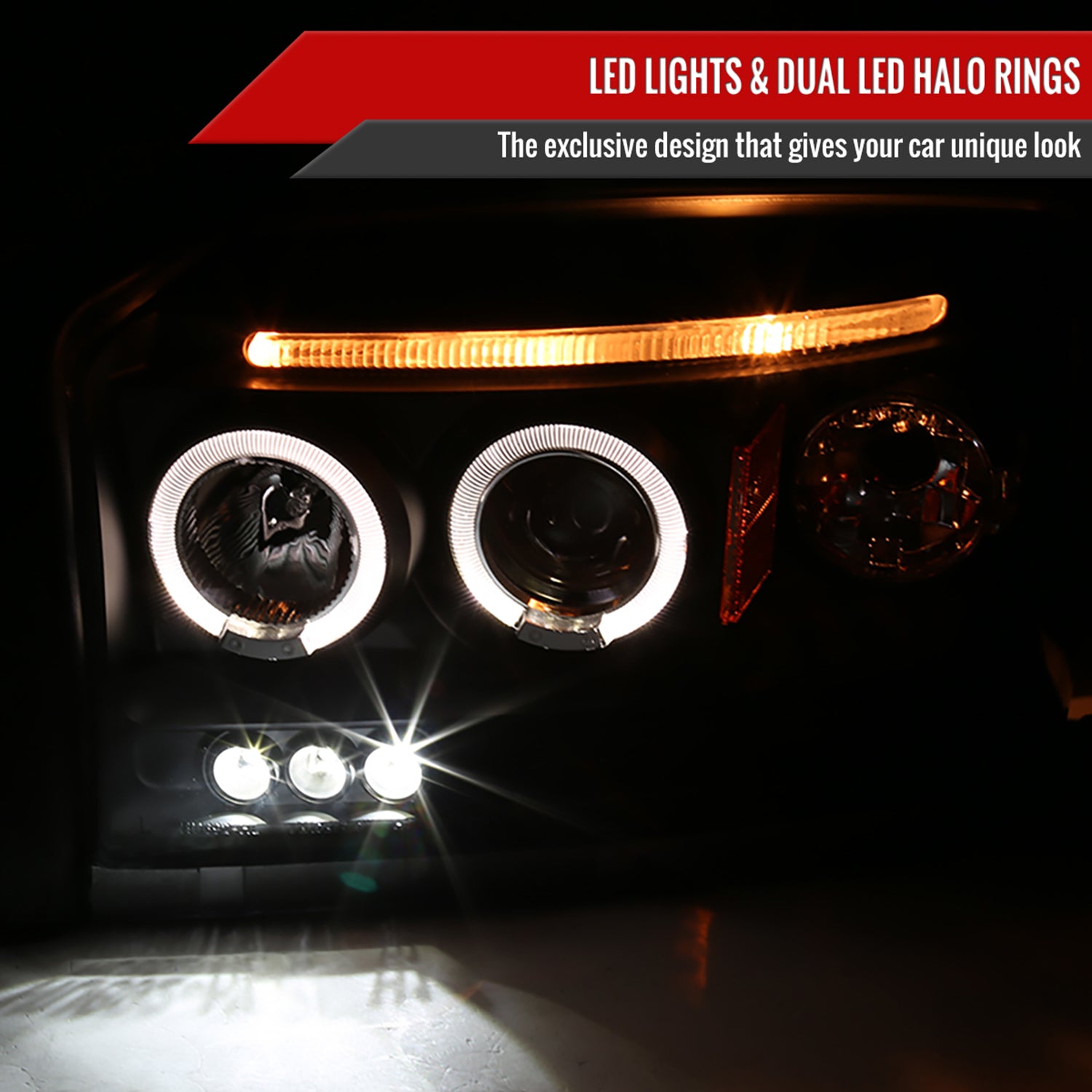 2005-2007 Dodge Dakota Dual Halo Projector Headlights Matte Black/Clear Lens