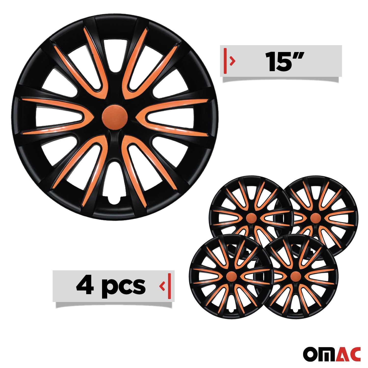 Bicolo Hub Caps Wheel Cover 15" Black Matt & Orange Full Set 4 pcs.